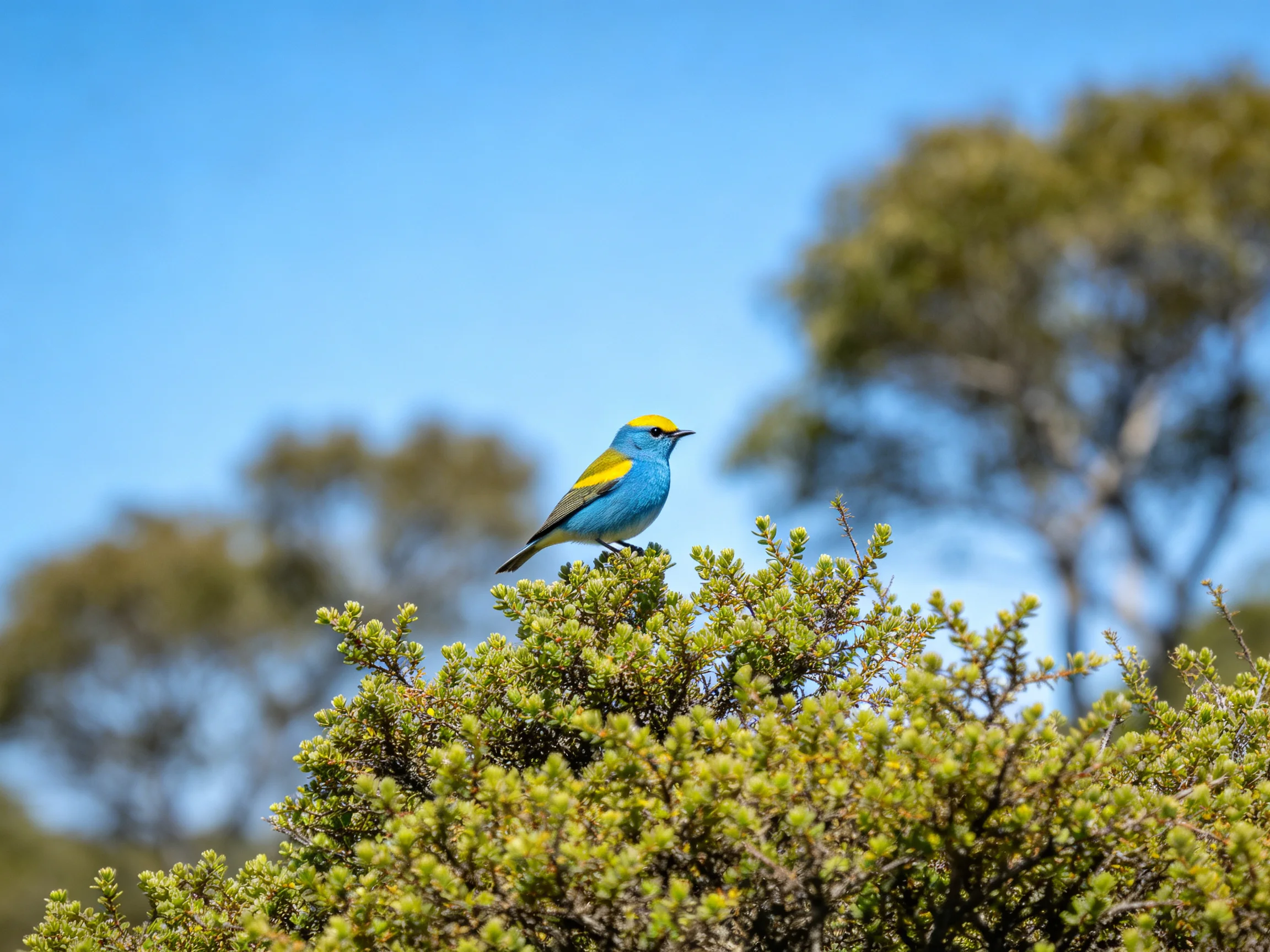 A brightly colored blue and yellow bird perches on dense green foliage