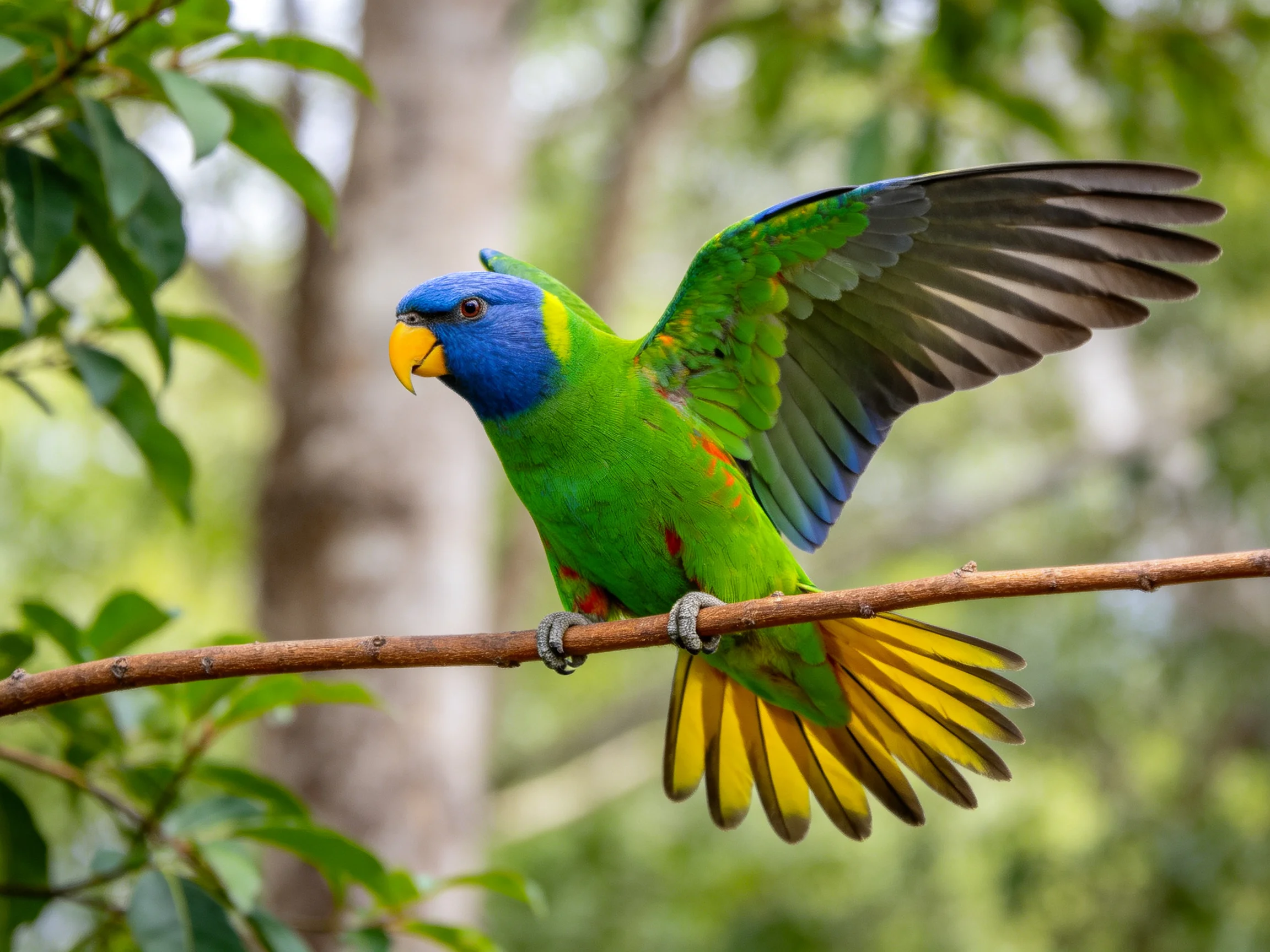 A brightly colored parrot with blue head perches on a tree branch