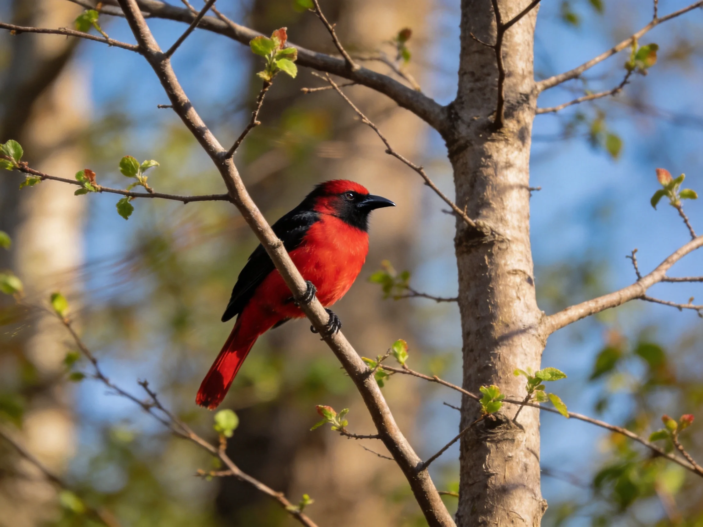 A brightly colored red and black bird perched on a tree branch
