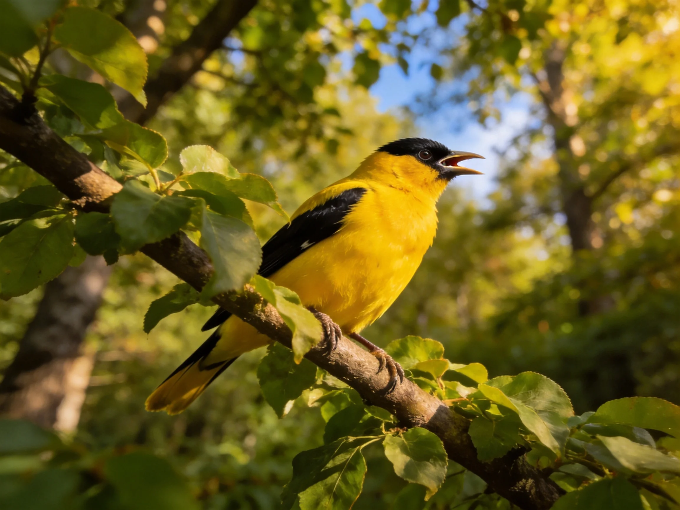 A brightly colored yellow and black bird perches on a leafy branch