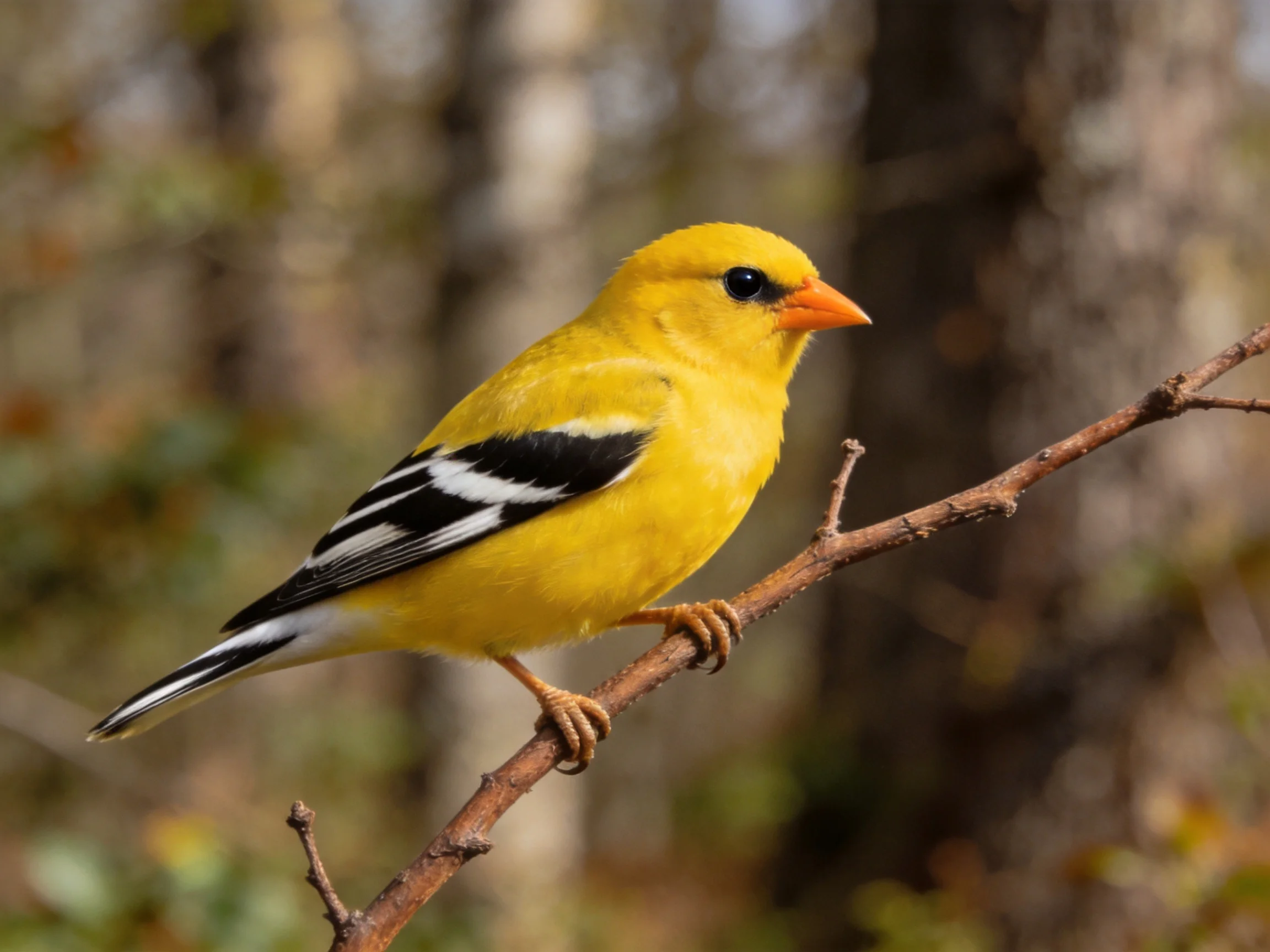 A brightly colored yellow bird with black and white wing markings perches on a thin branch