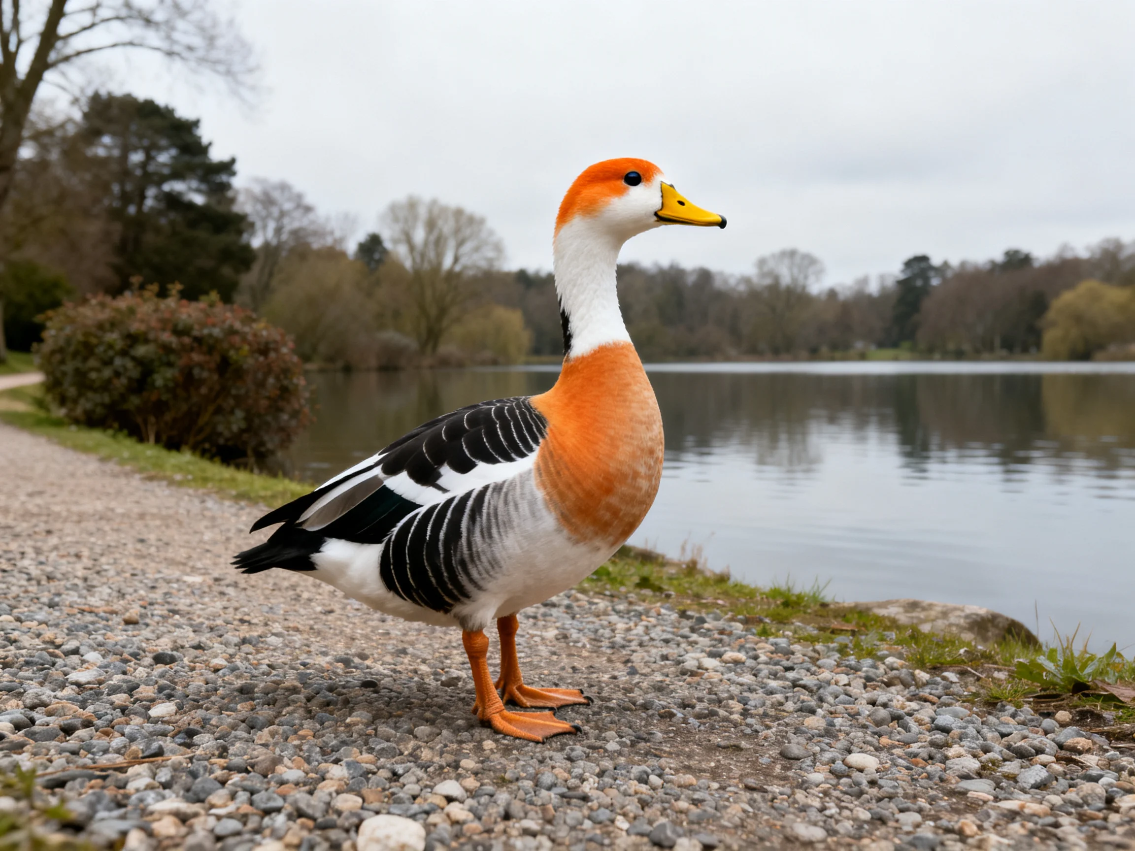 A brightly hued bird stands on a gravel path near a serene lake
