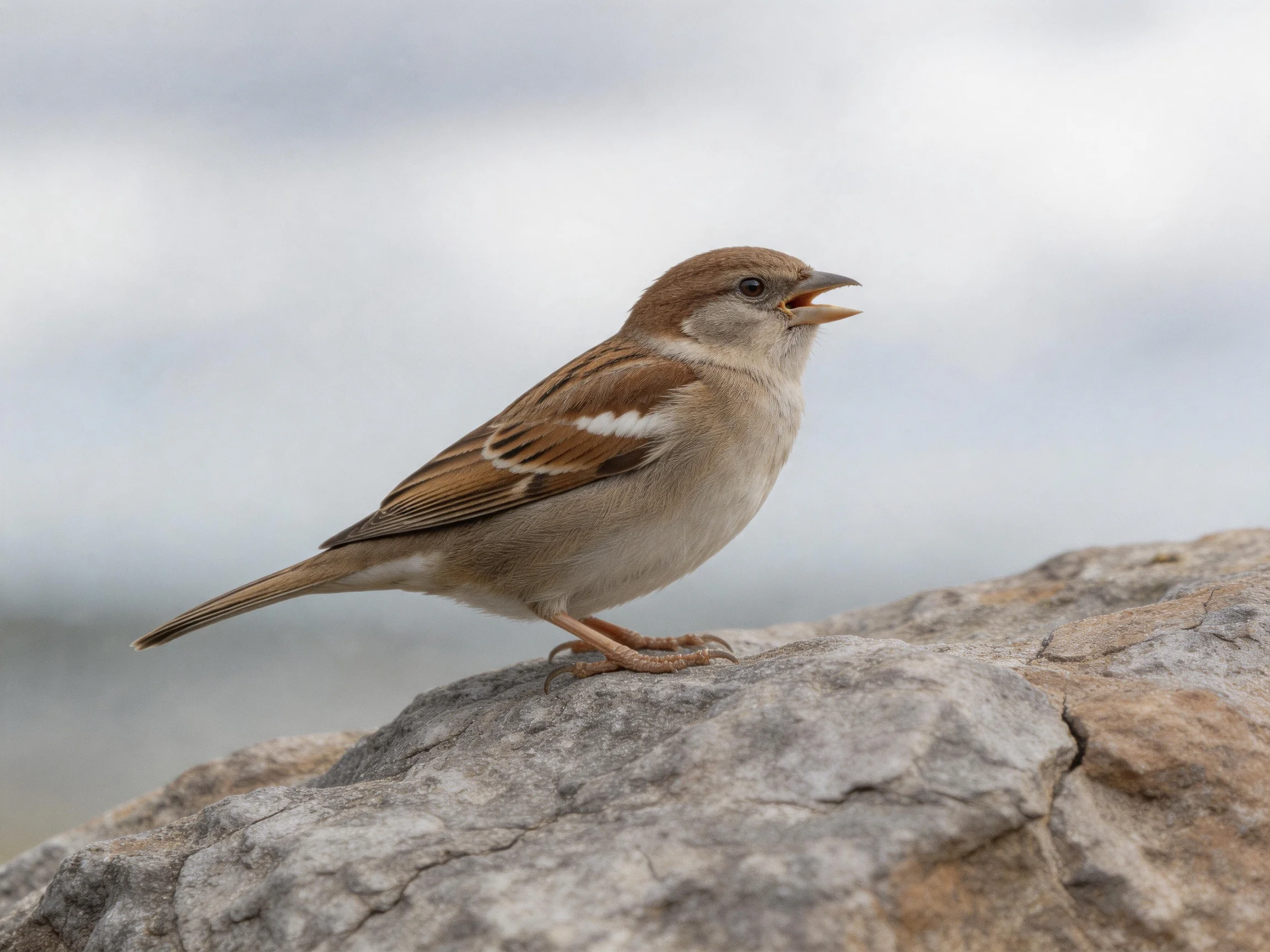 A brown and beige sparrow perches on a textured gray rock