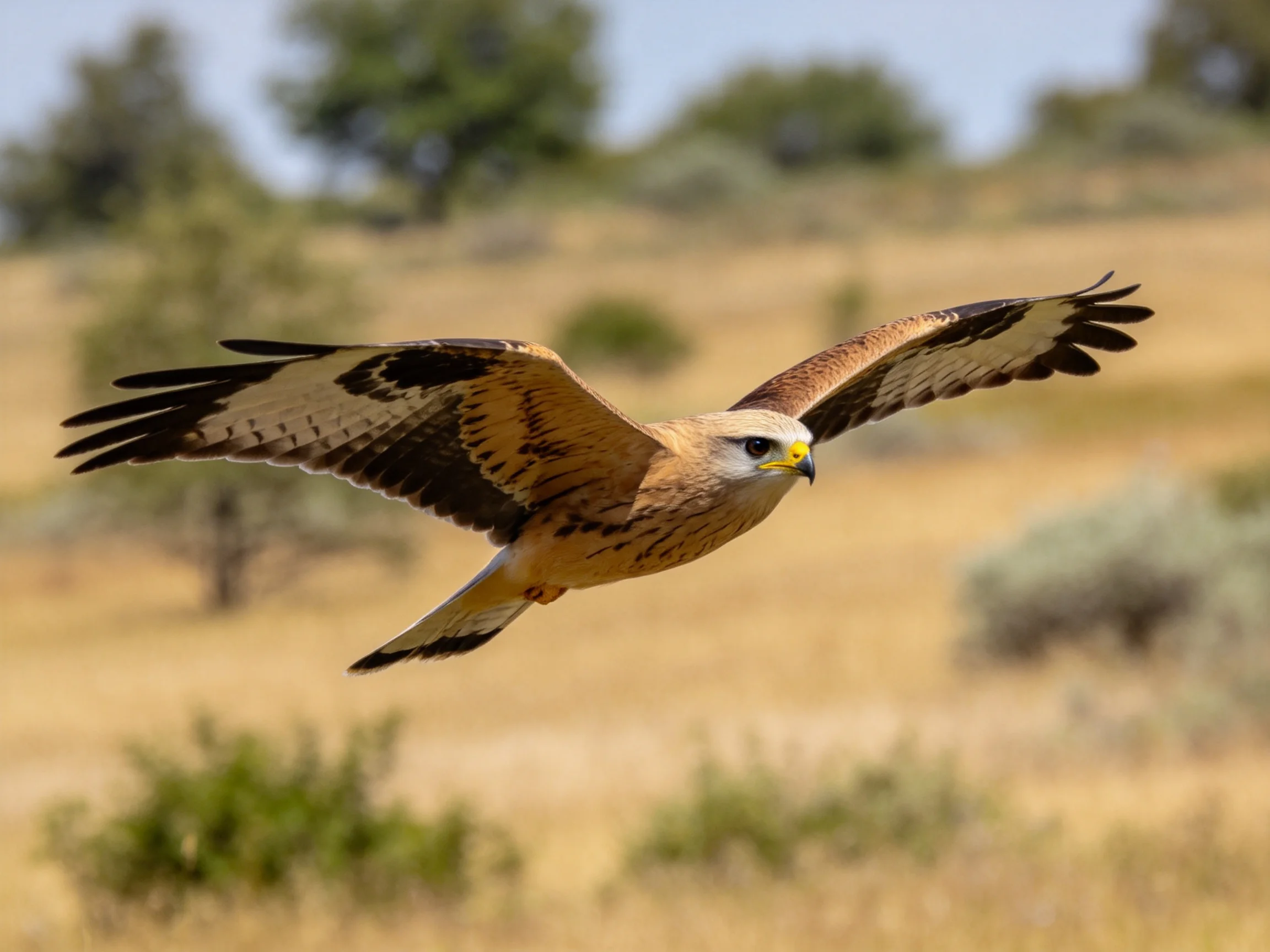 A brown and black bird of prey soars over golden grasslands