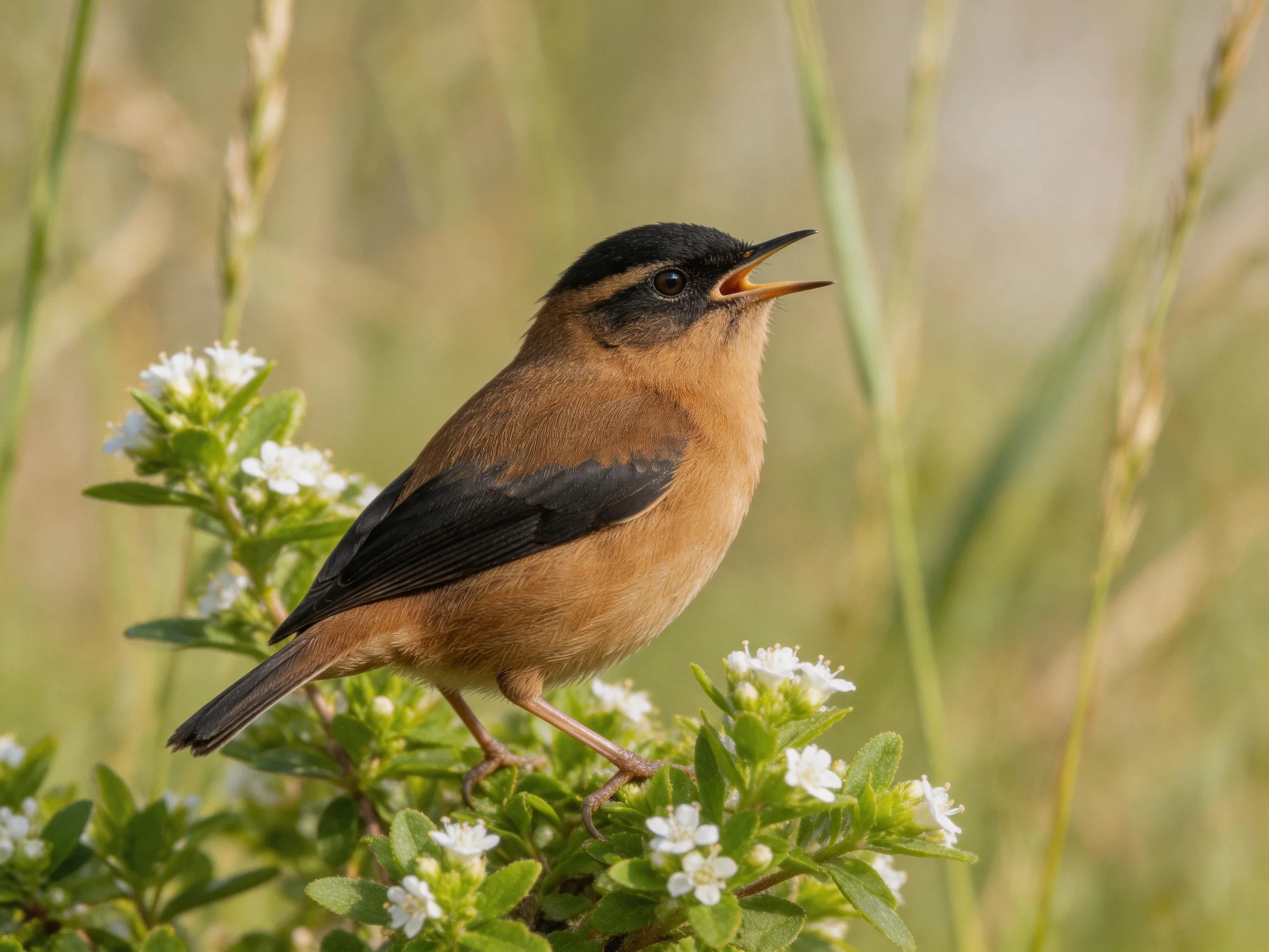 A brown and black bird perched on white flowering shrubs