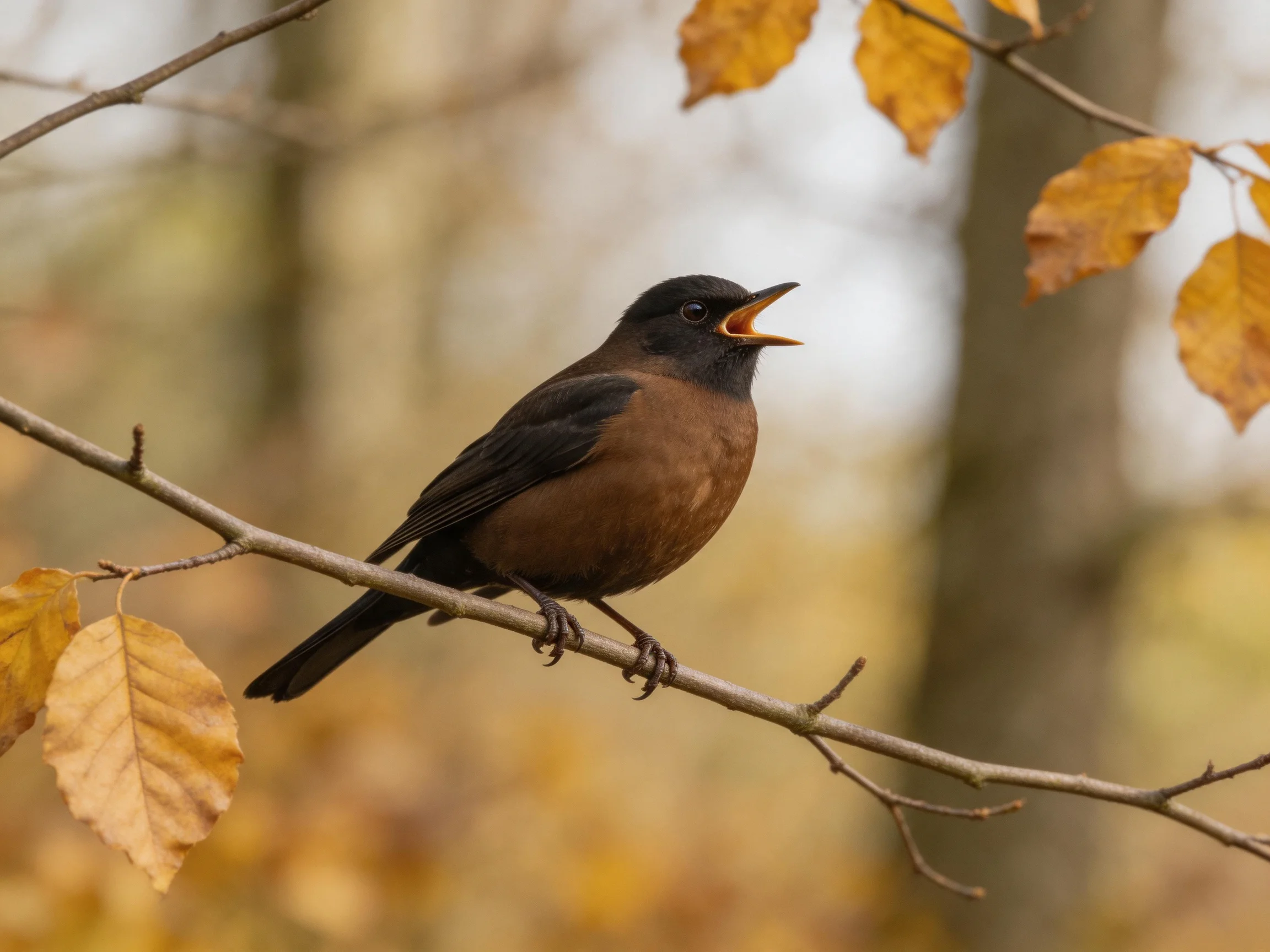 A brown and black bird perches on a branch amid golden leaves