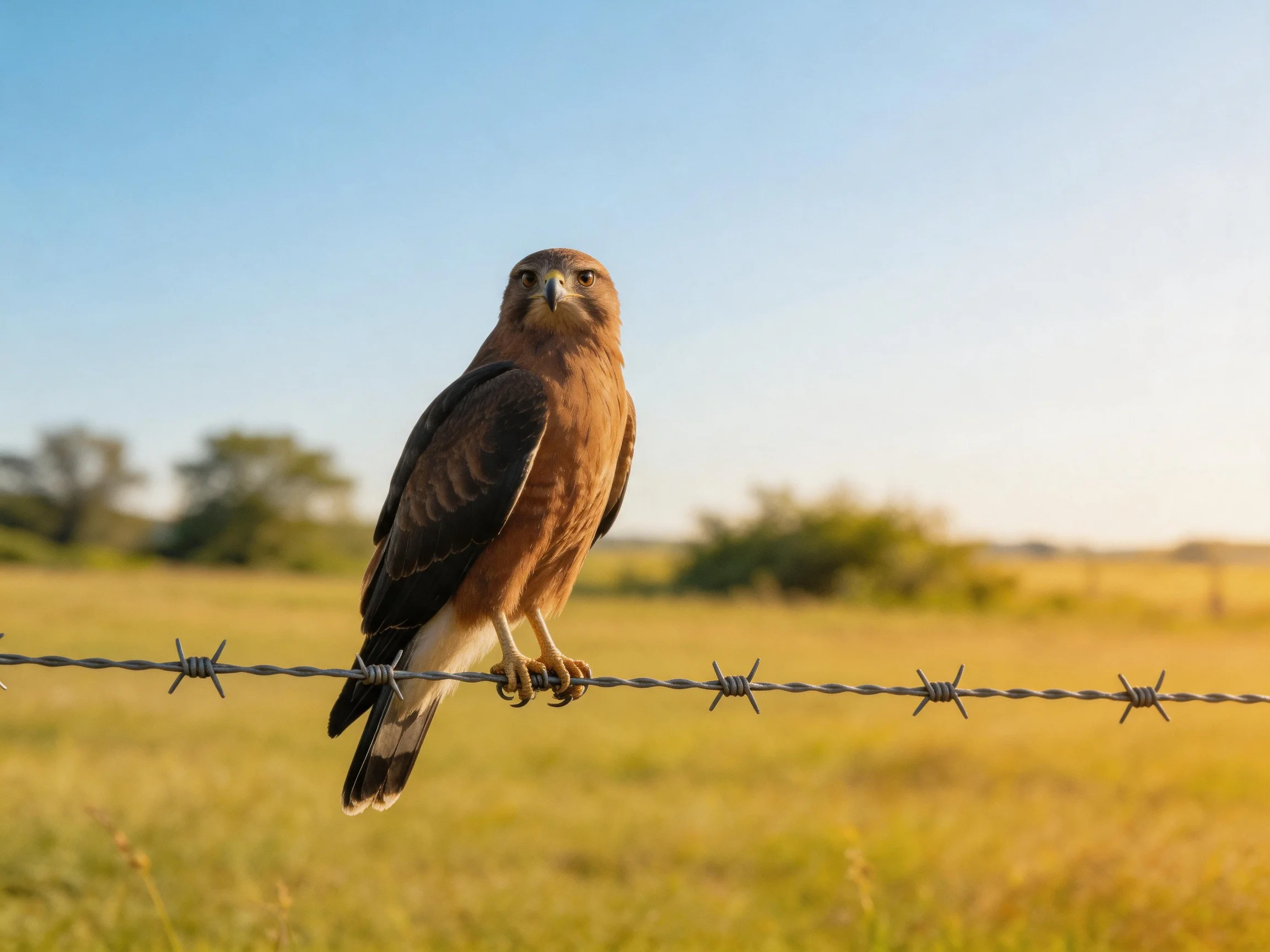 A brown and black bird perches on barbed wire in a sunlit open field
