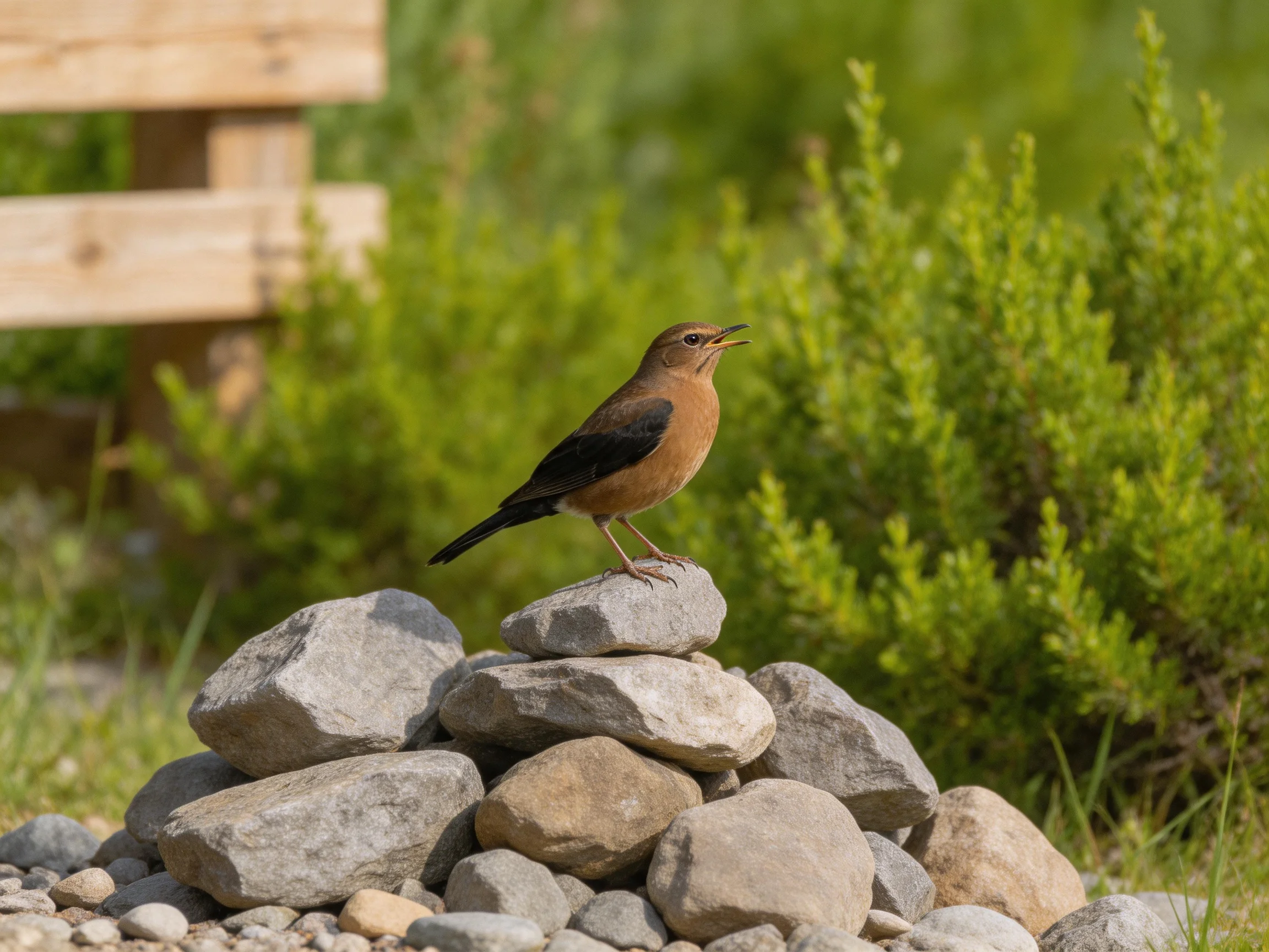 A brown and black bird perches on stacked stones near lush green bushes