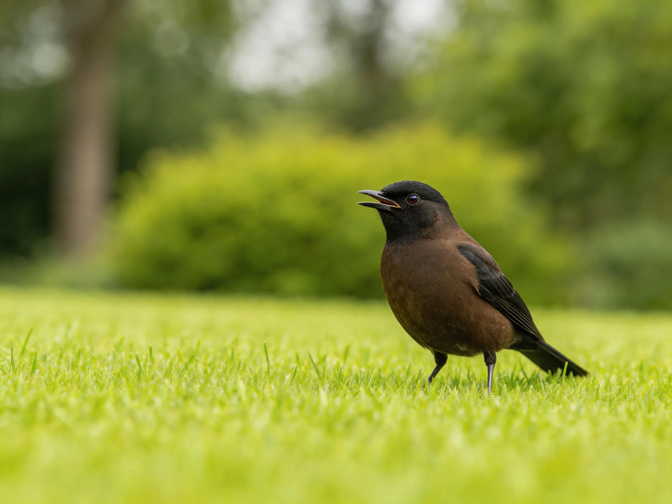 A brown and black bird stands on green grass with blurred green foliage in the background.