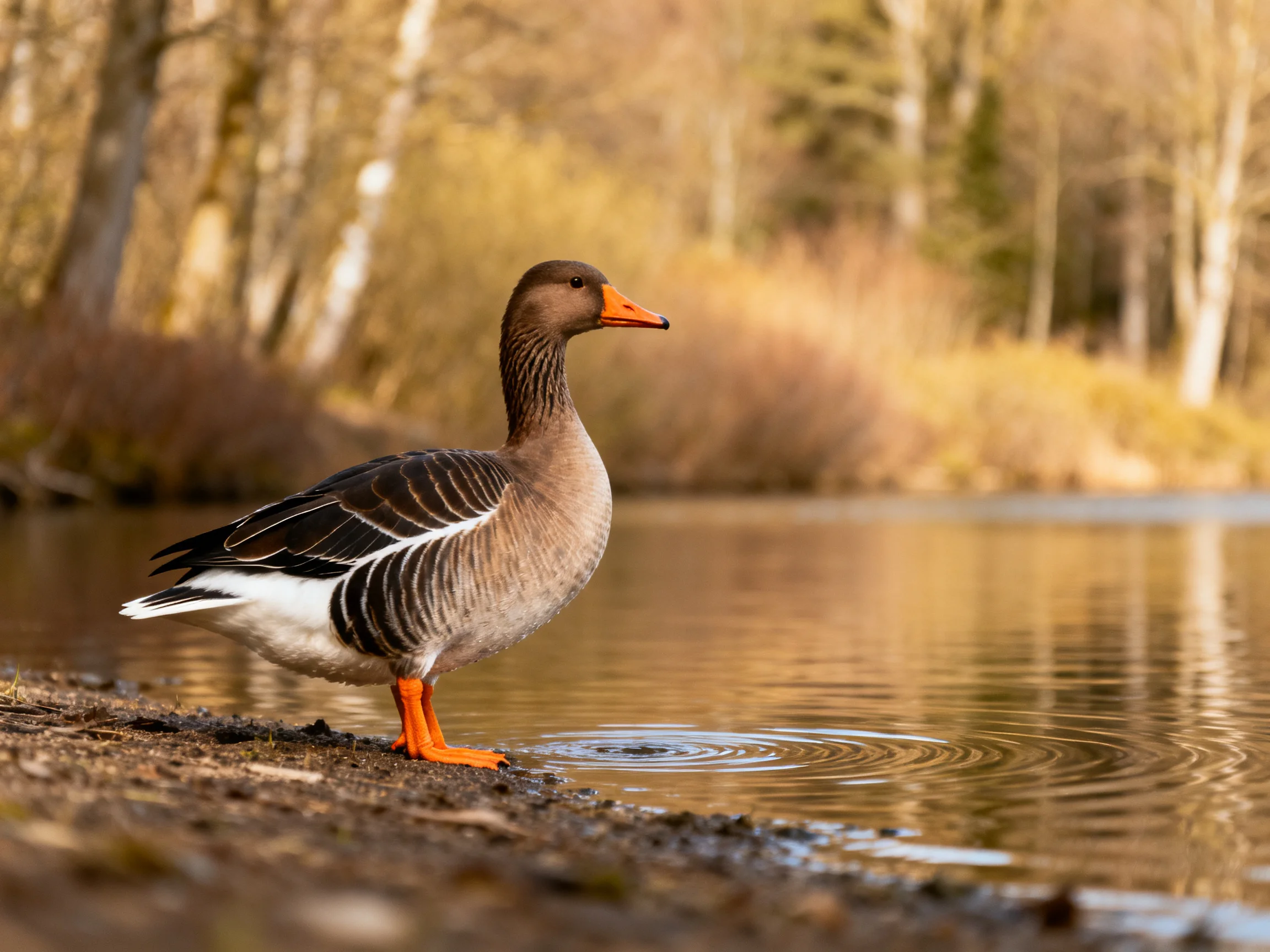 A brown and black bird with an orange beak stands by calm water amid autumnal trees