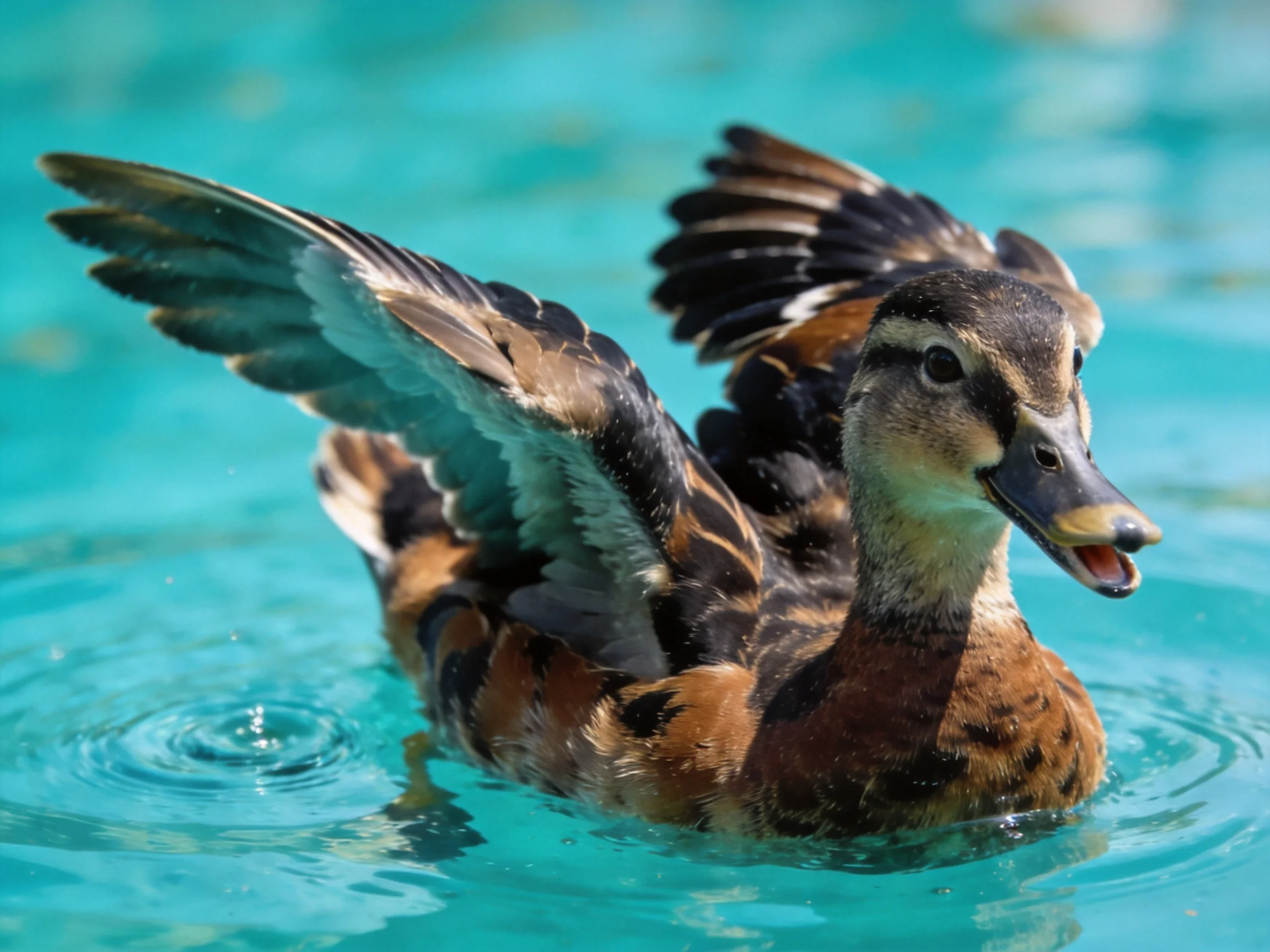 A brown and black duck flapping wings in turquoise water