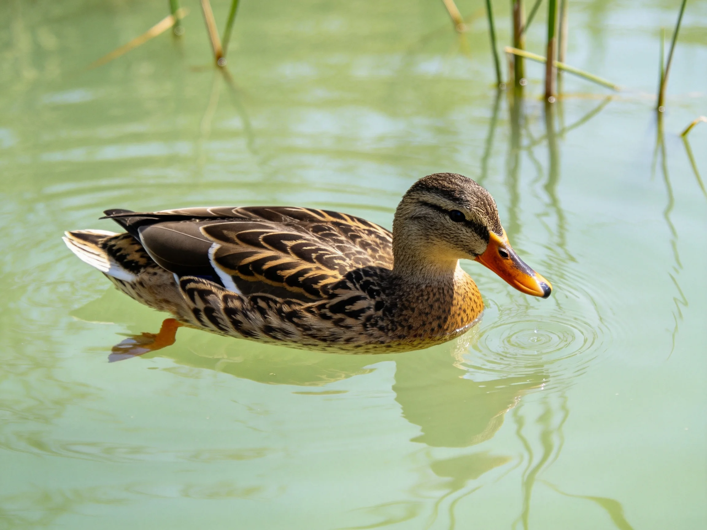 A brown and black duck swims in calm green water near reeds