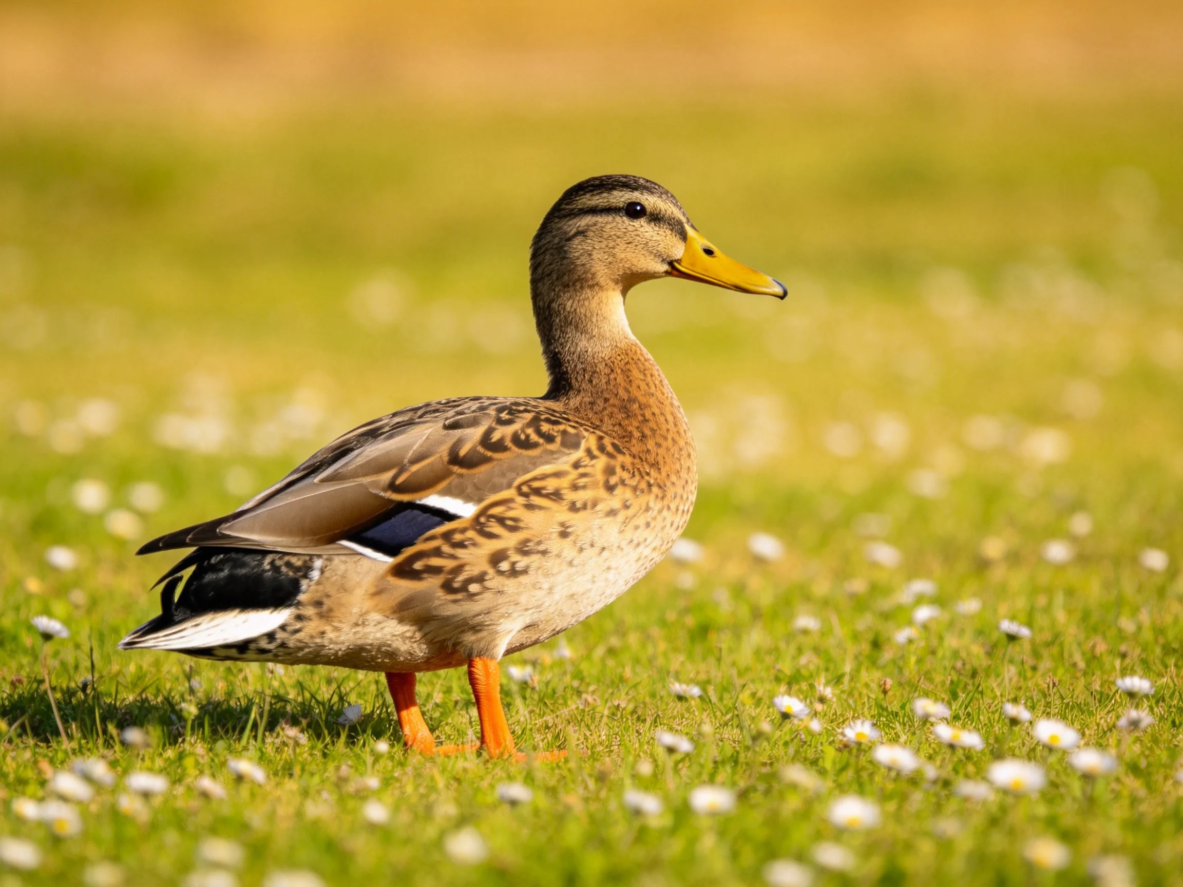 A brown and black duck with orange legs on green grass
