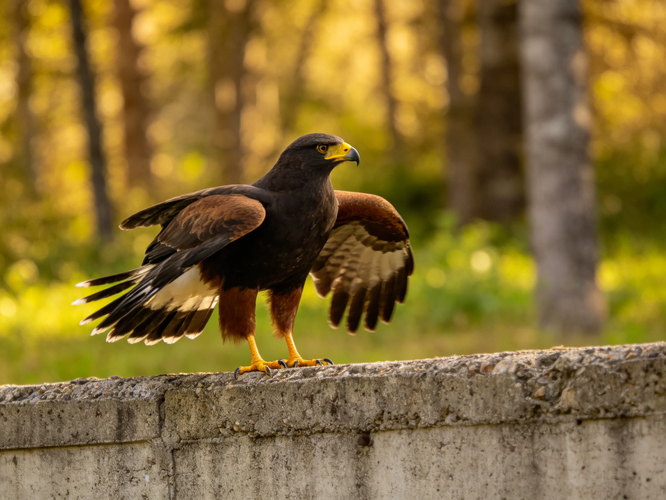 A brown and black hawk spreads wings on a concrete ledge