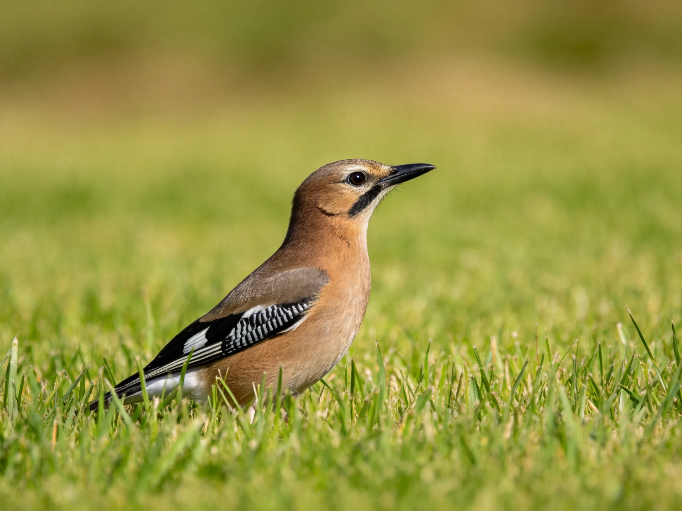 A bird with brown and black markings rests in a grassy field.