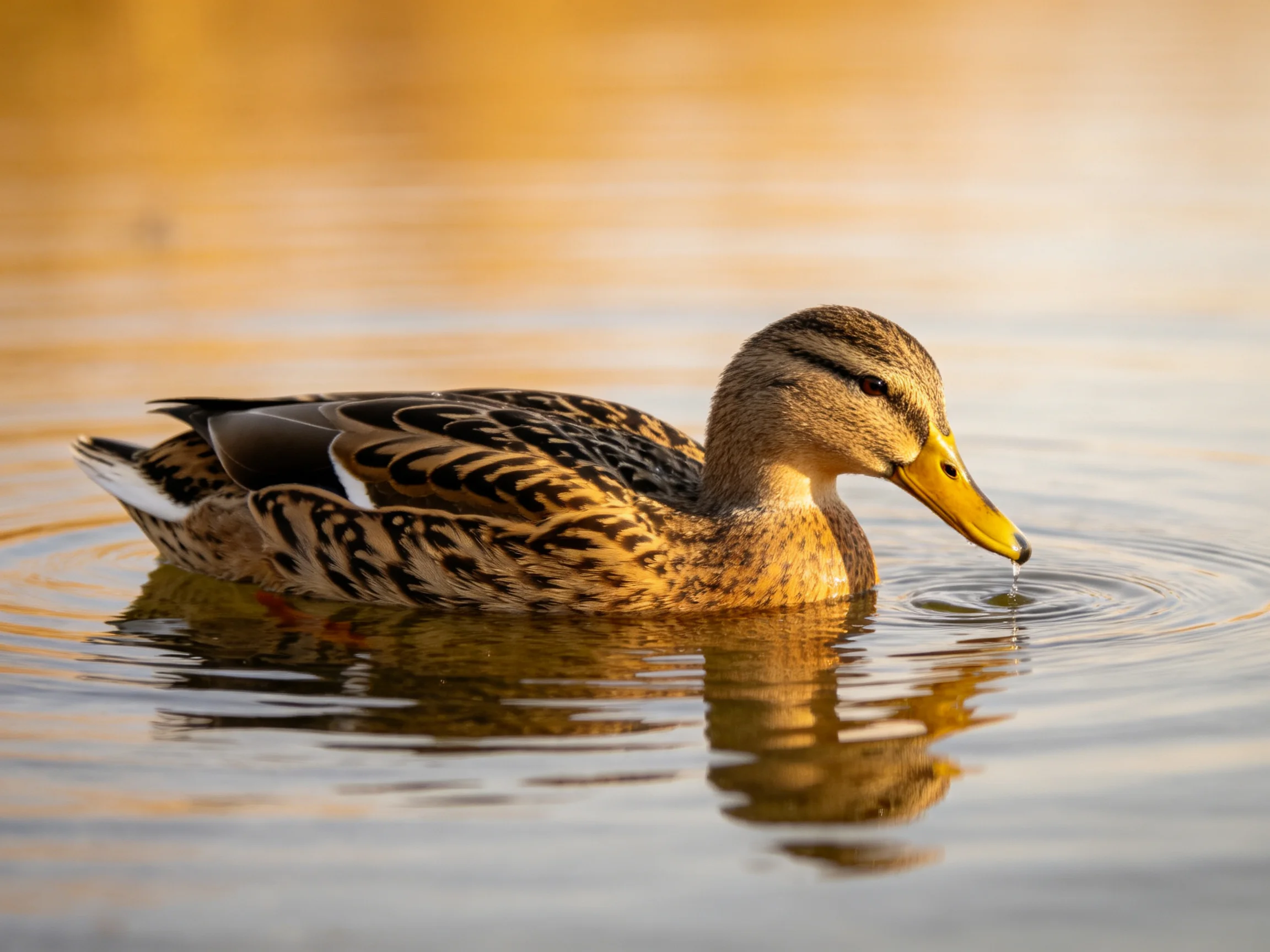 A brown and black patterned duck swims in golden-hued water