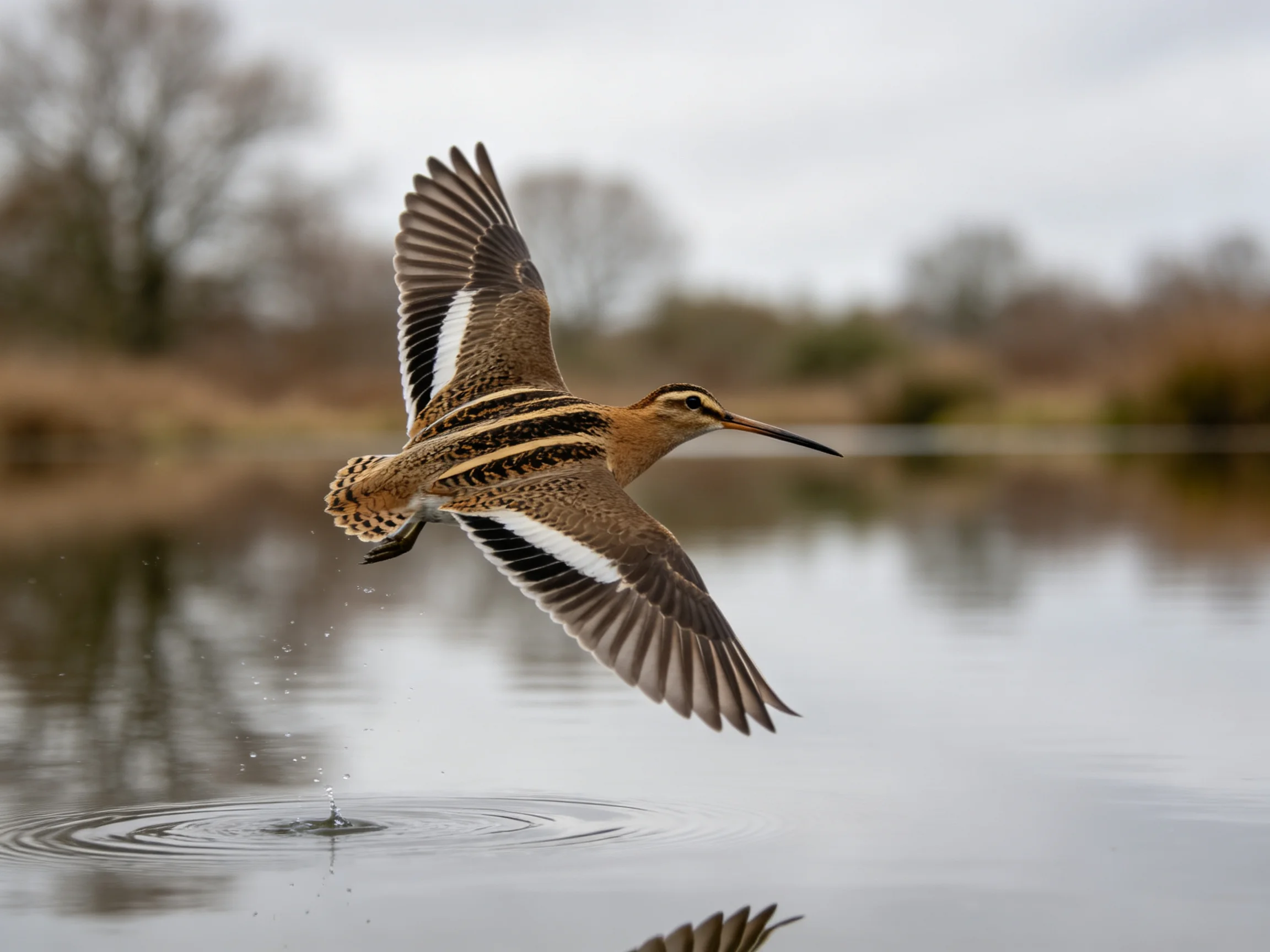 A bird with brown and black markings flies over calm water.