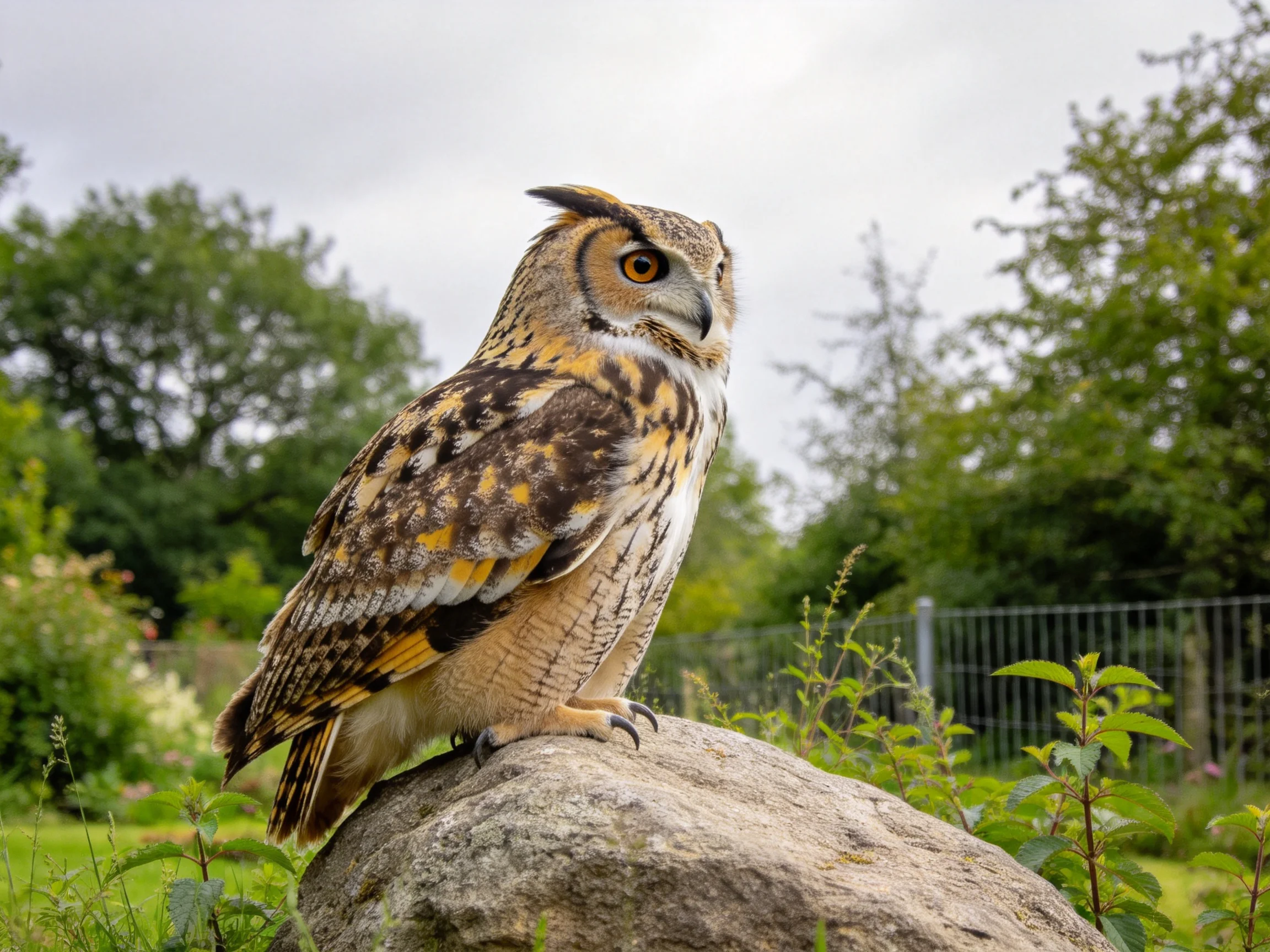 A brown and gold owl perched on a large rock in a green garden