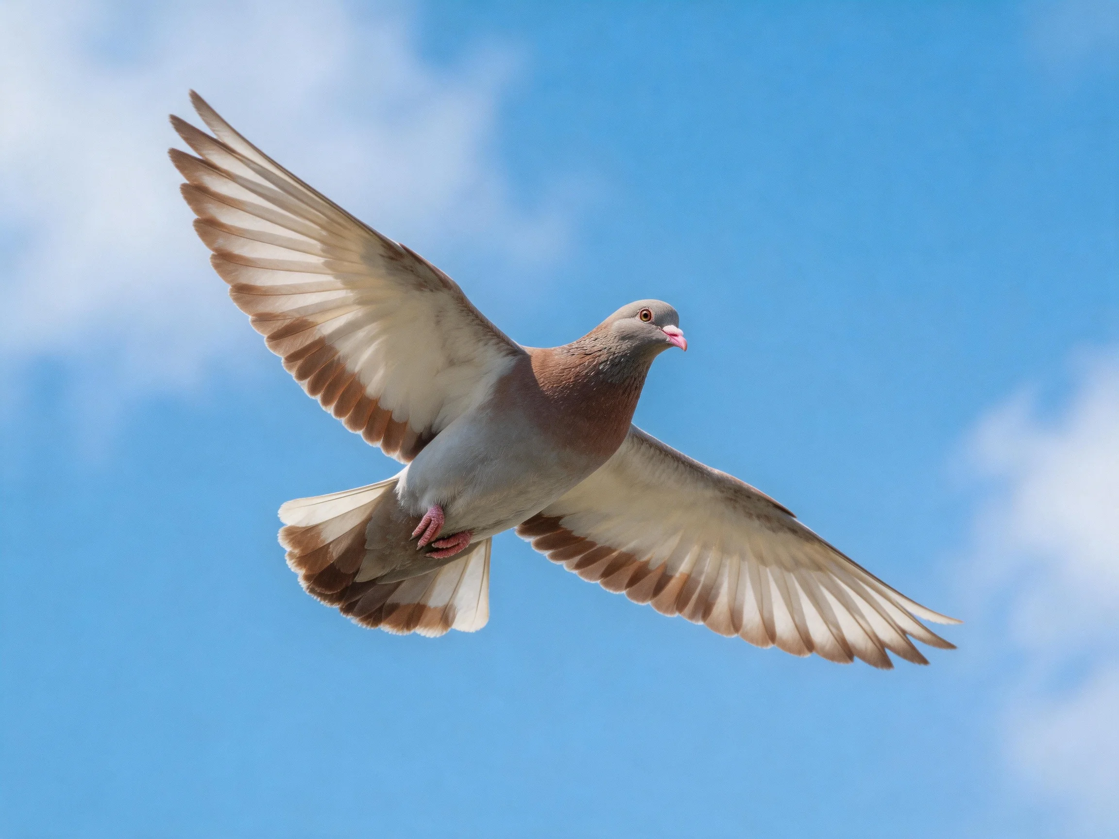 A brown and gray pigeon soars through clear blue sky