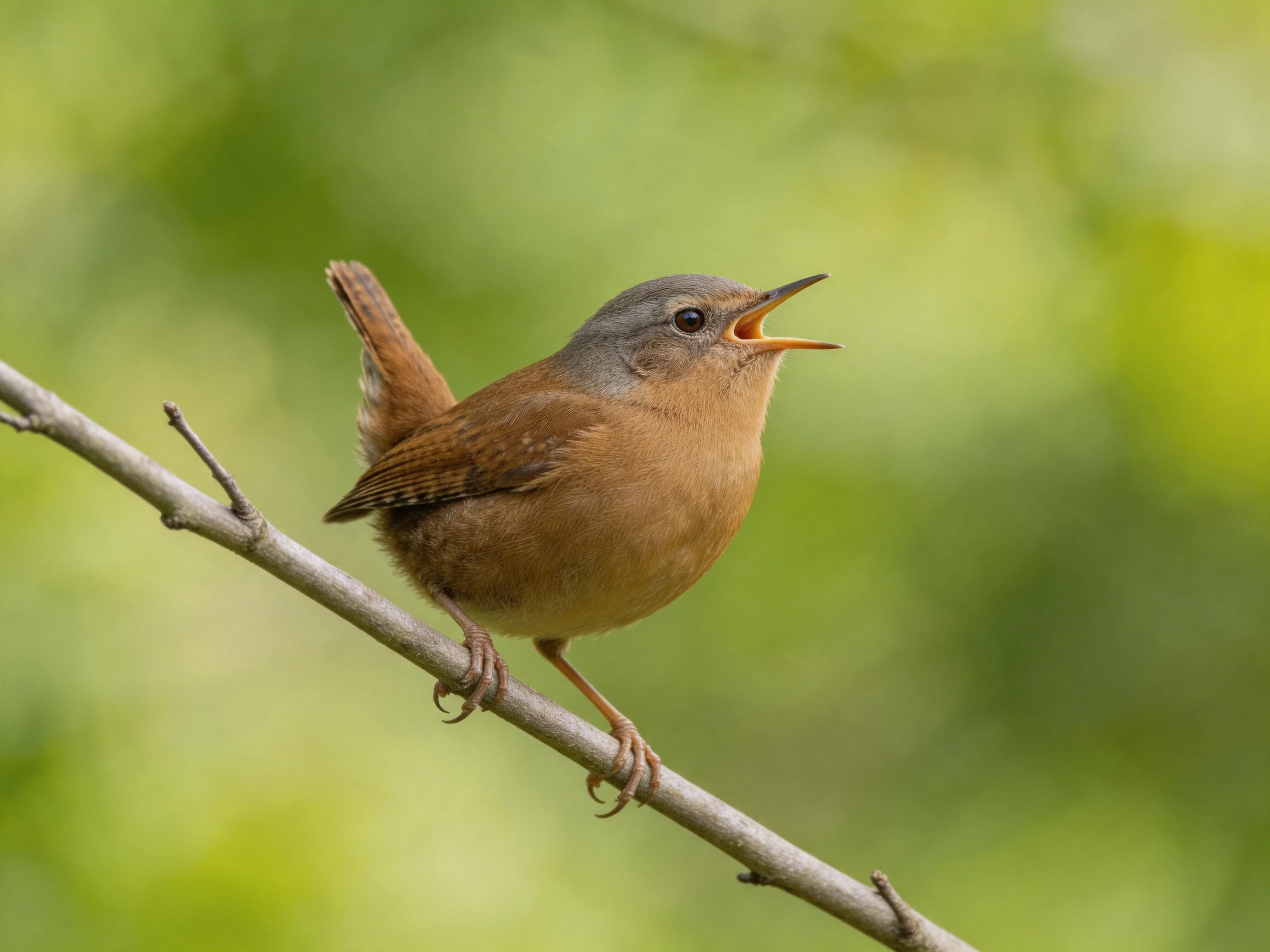 A brown and gray wren singing on a thin tree branch