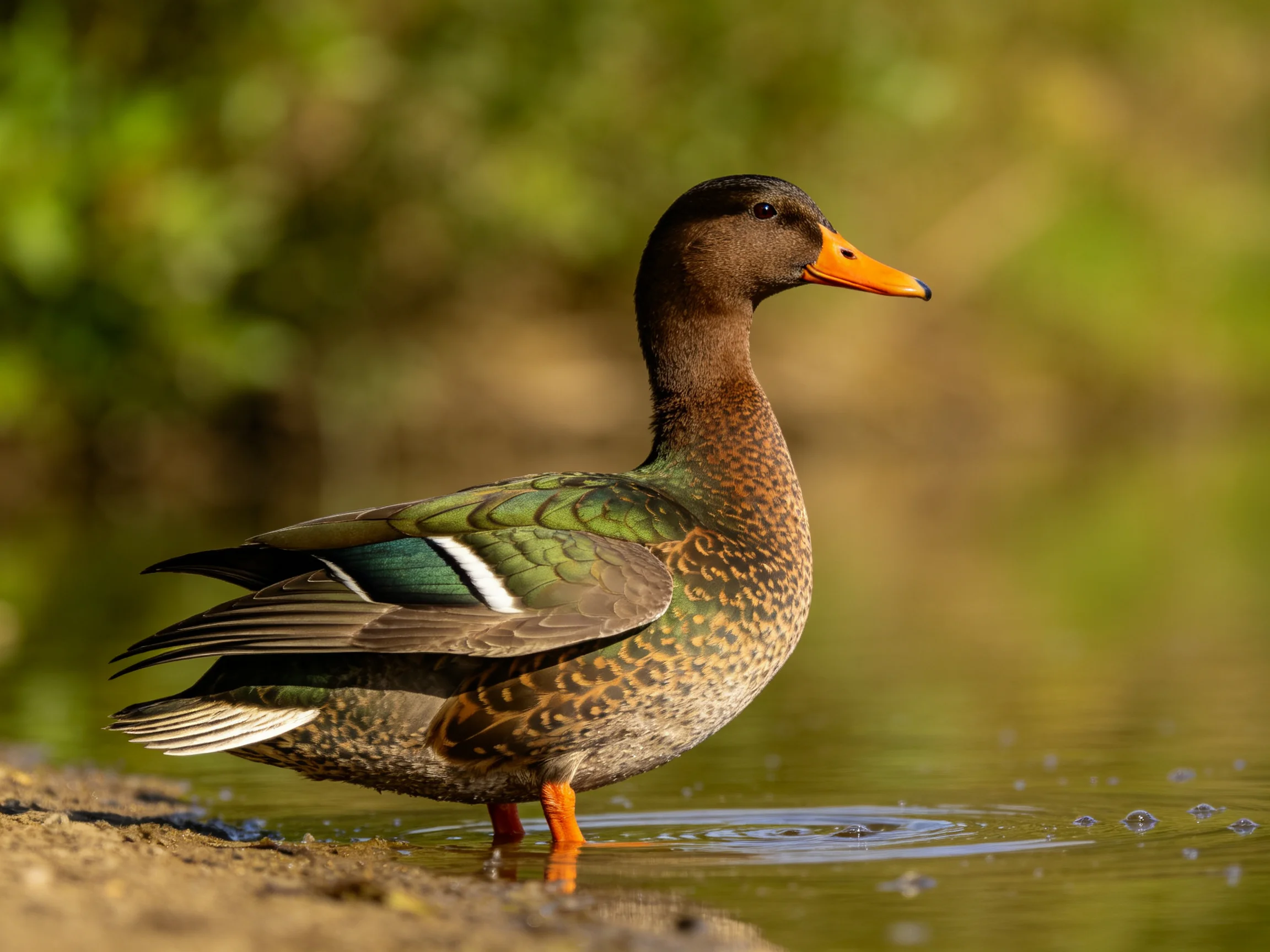 A brown and green duck with an orange beak near calm water