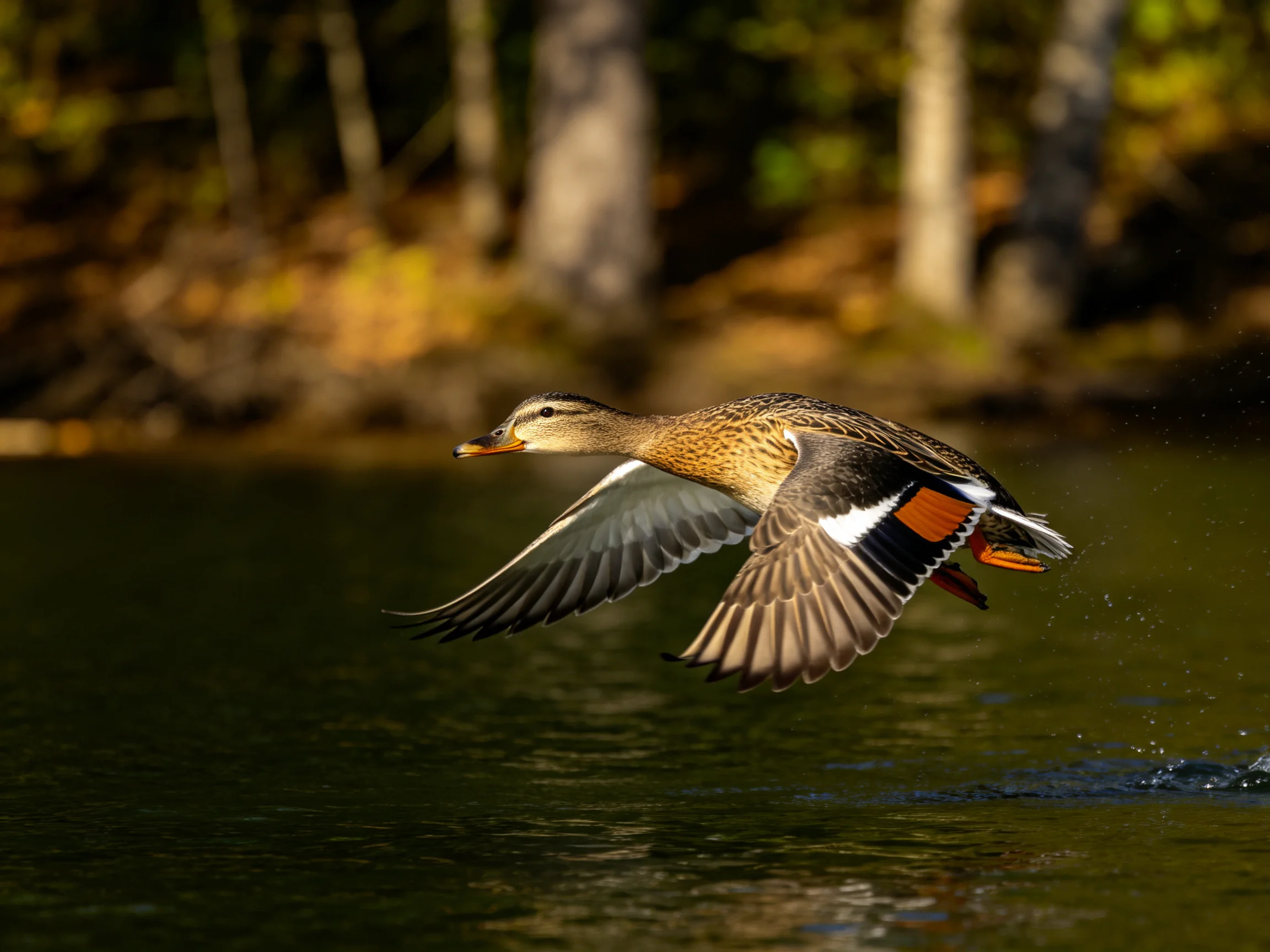 A brown and orange duck flies low over dark water near trees