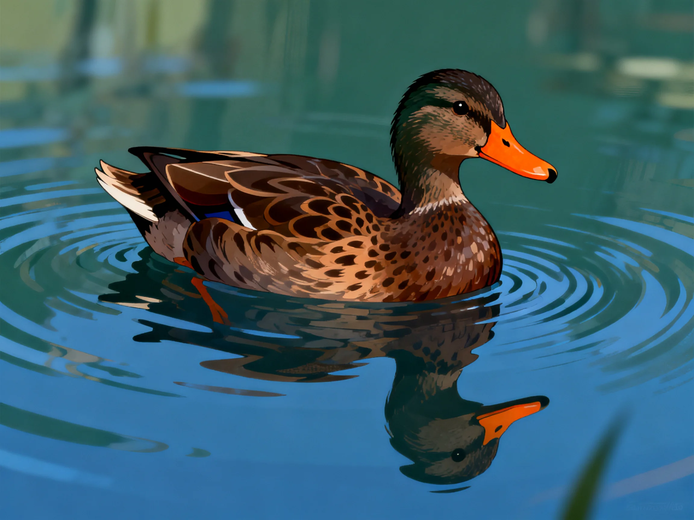 A brown and orange duck swims in rippling blue water