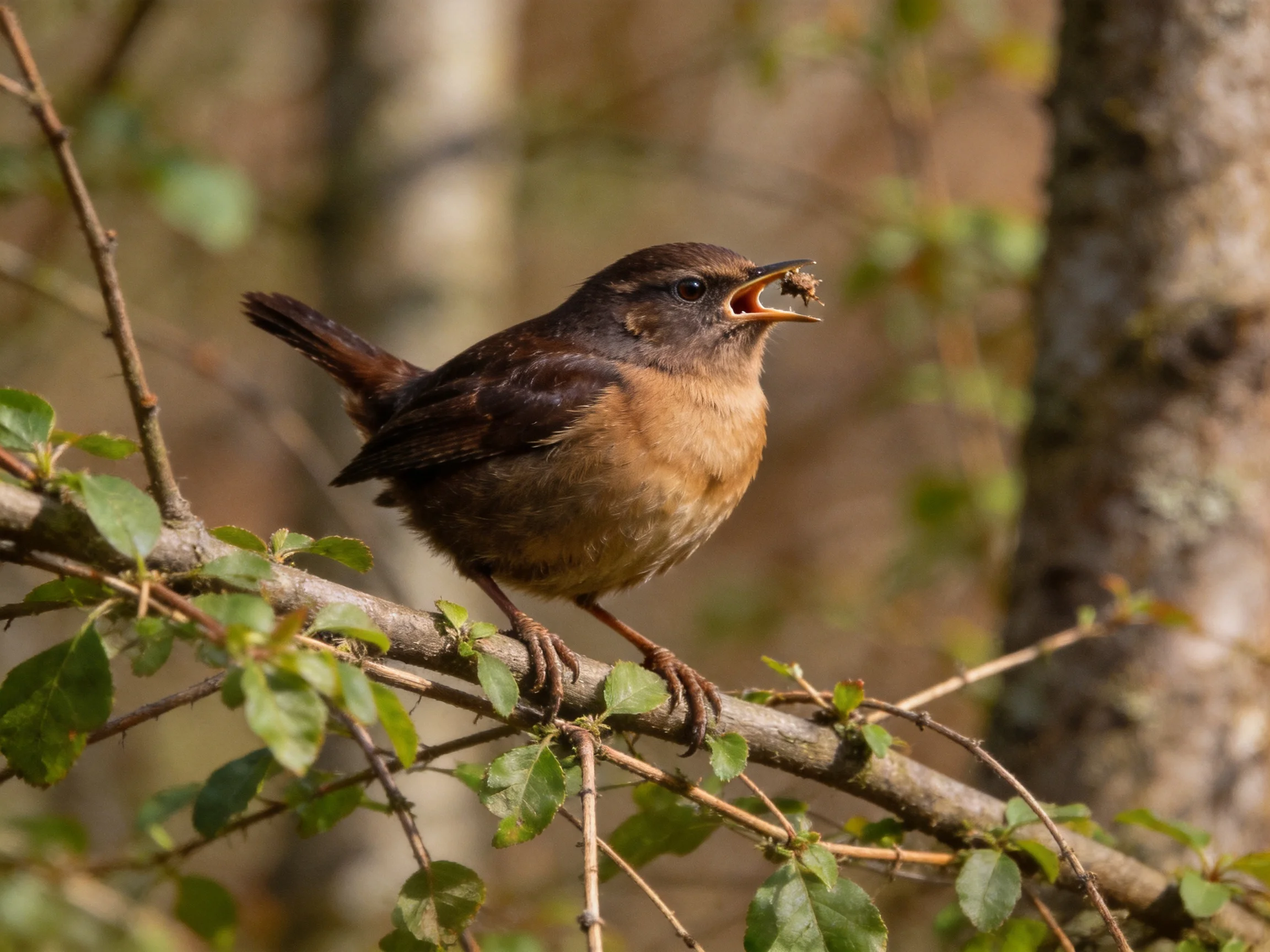 A brown and tan bird perched on a leafy branch