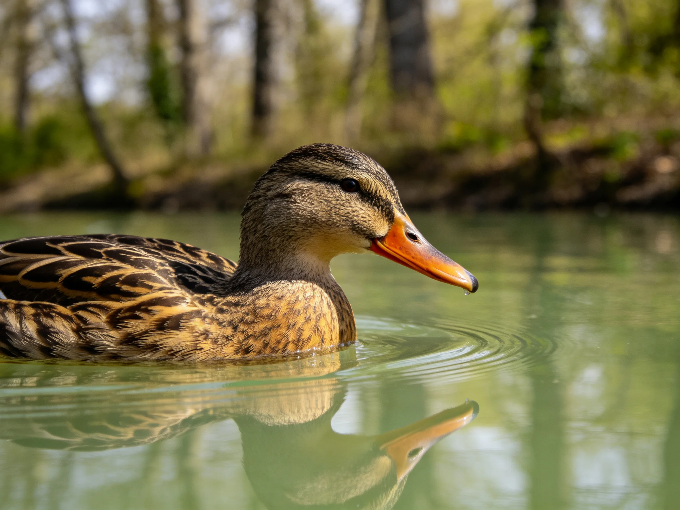 A brown and tan duck swims in calm green water near trees