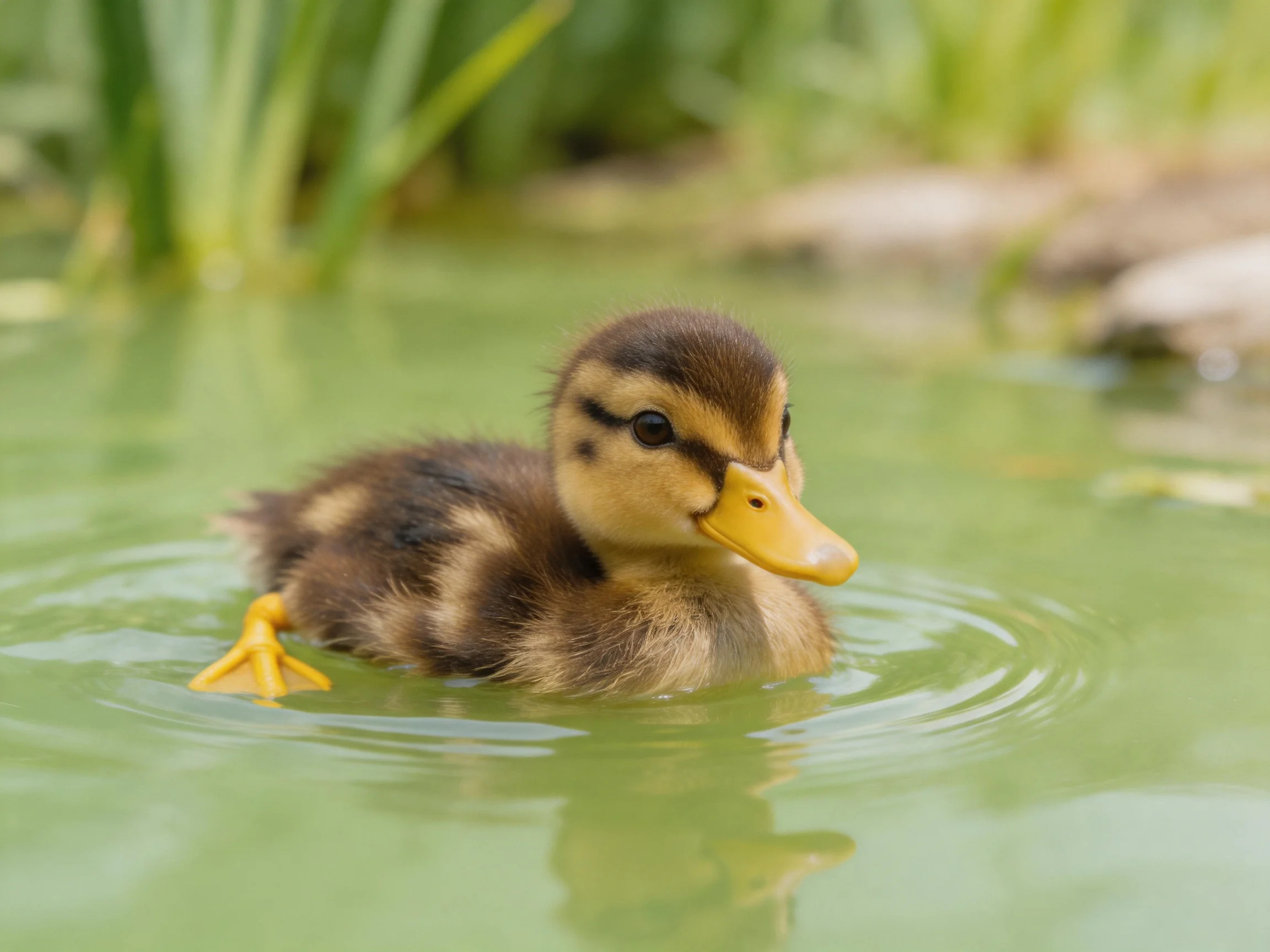 A brown and tan duckling swims in calm green water near tall reeds