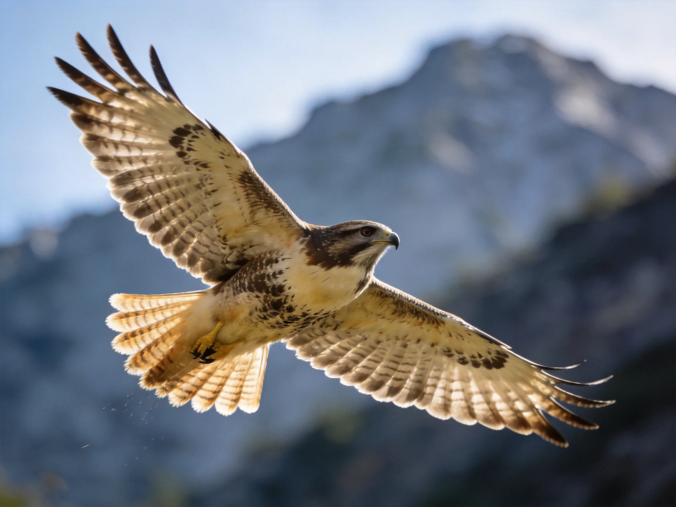 A brown and tan raptor flies with spread wings near rocky peaks