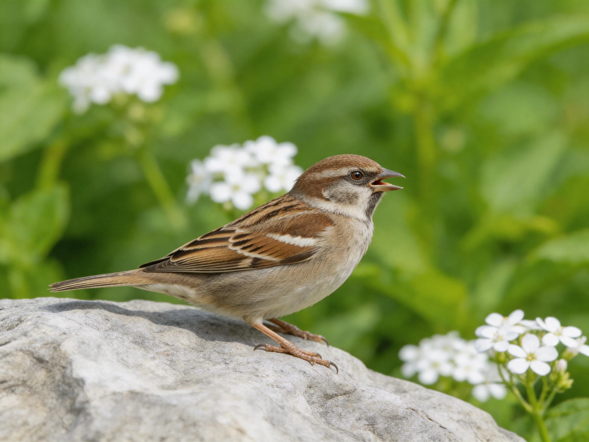 A brown and tan sparrow perches on a gray rock near white flowers