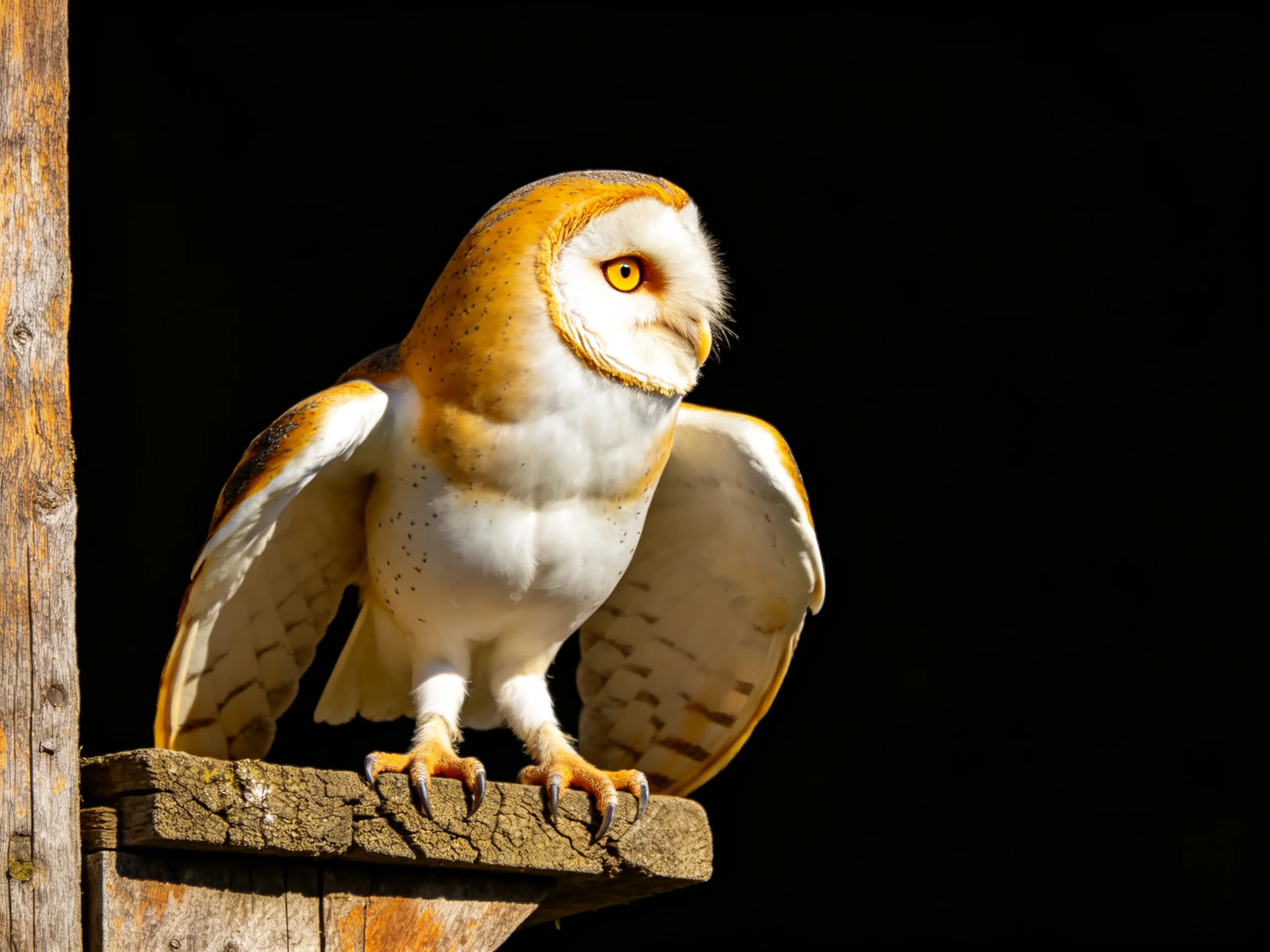 A brown-and-white barn owl perched on a weathered wooden ledge