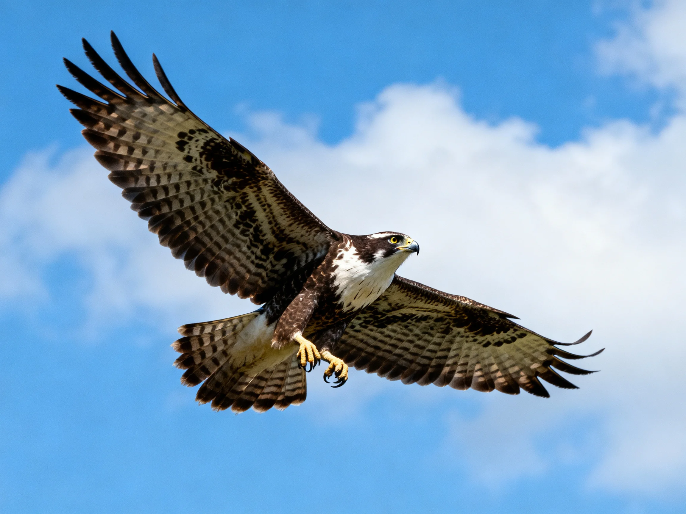 A brown and white bird of prey soaring in clear blue skies