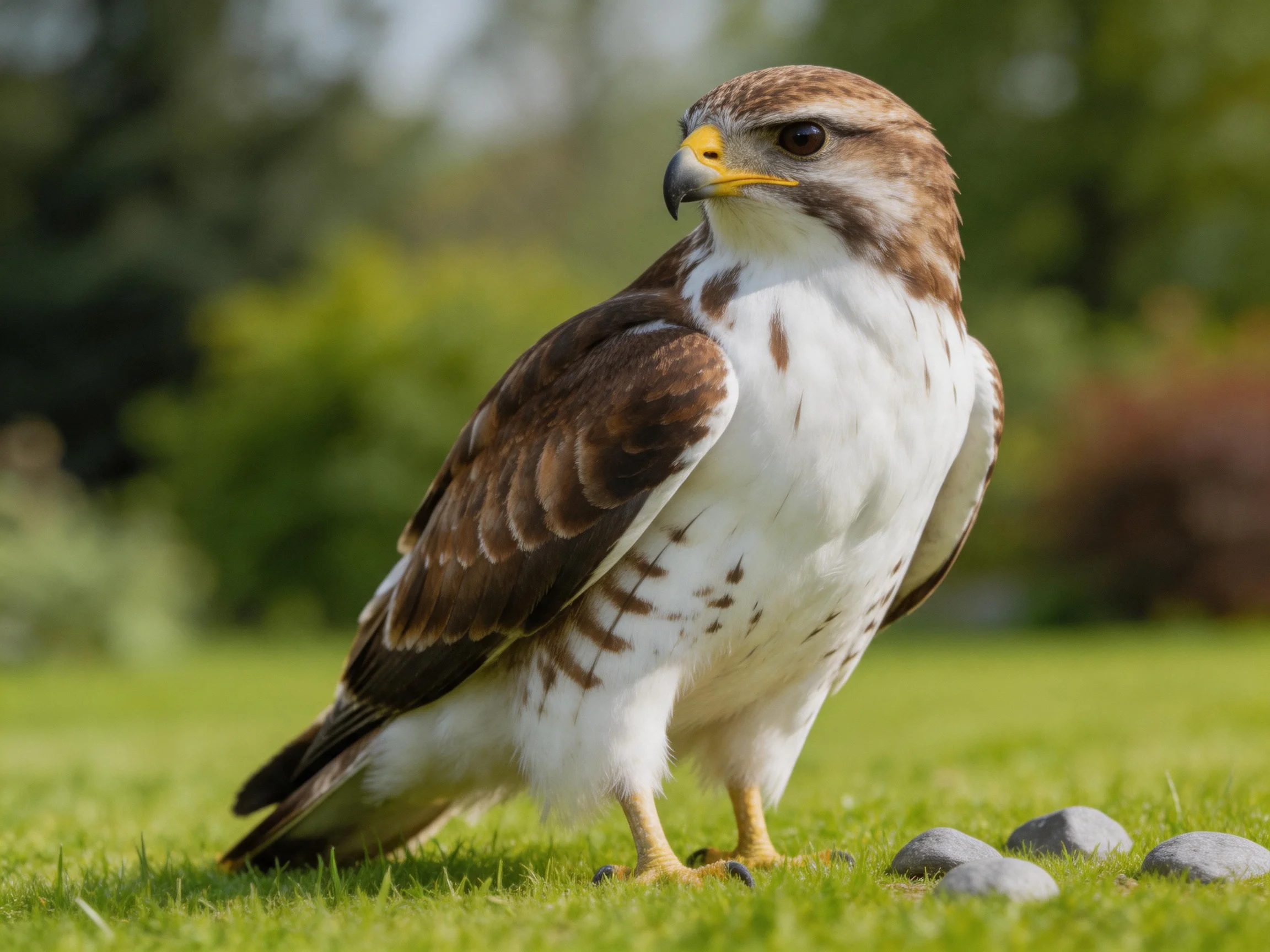A brown and white bird of prey stands on green grass near stones