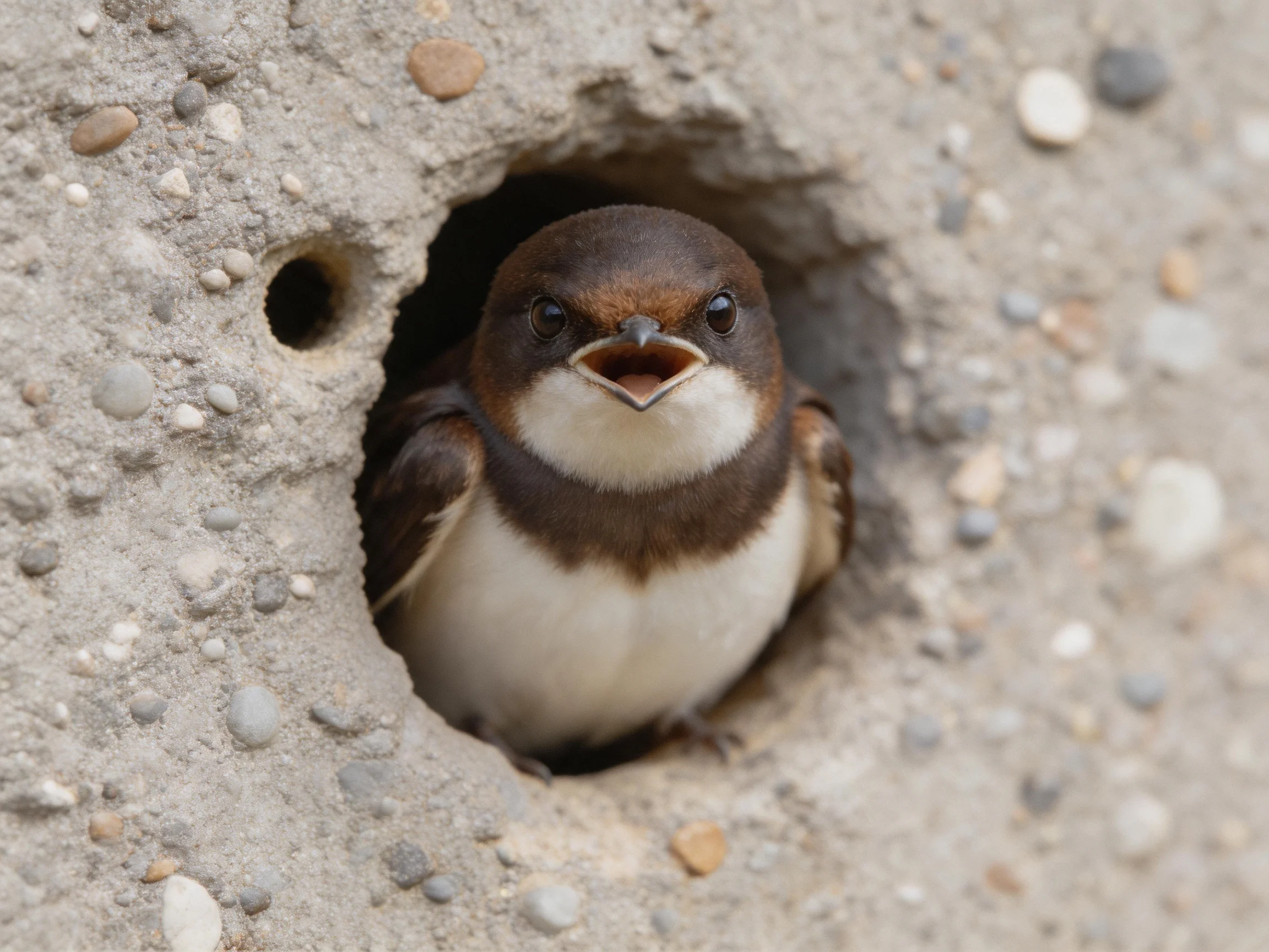 A brown and white bird peeks from a pebble-studded concrete hole