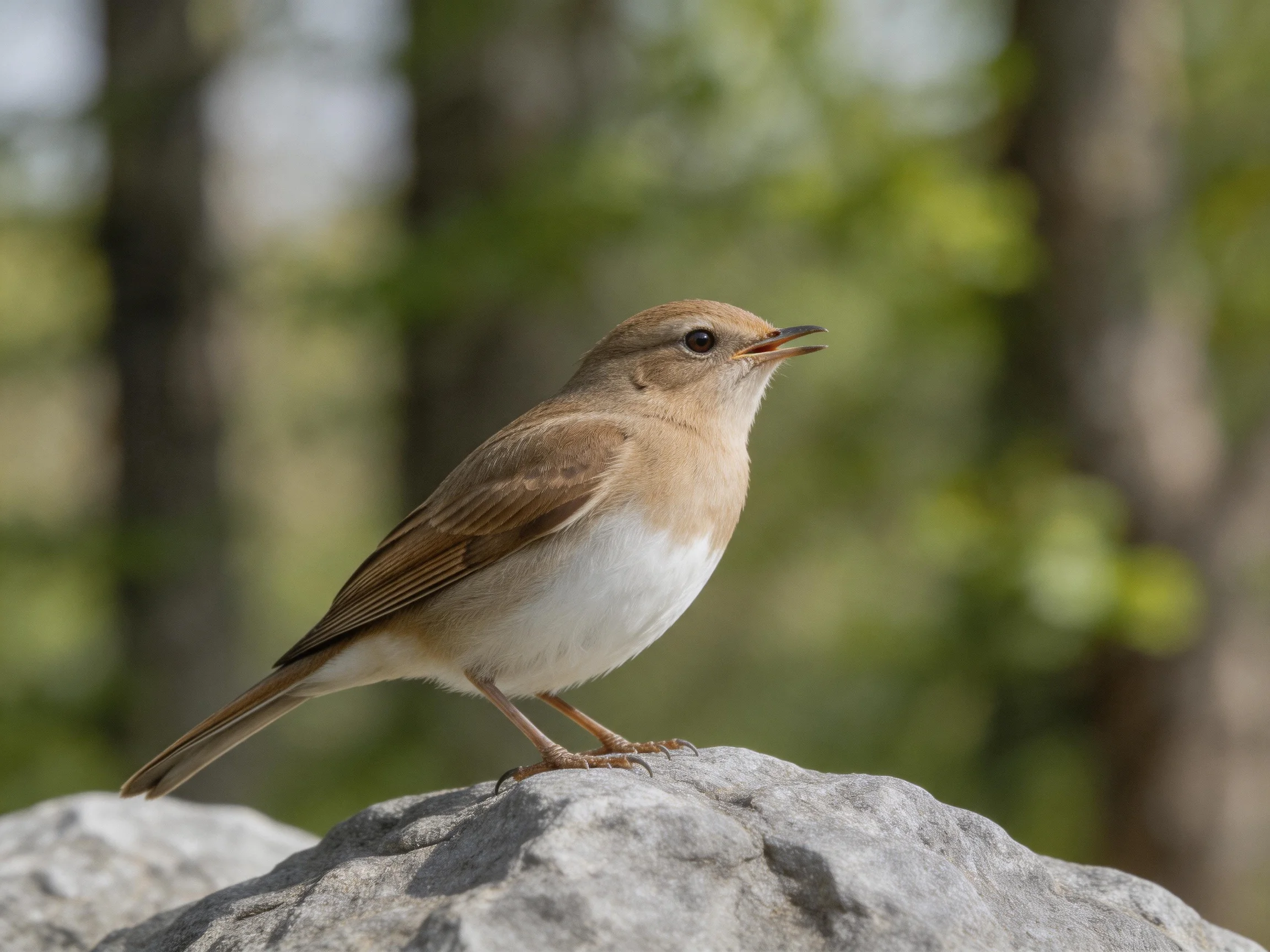 A brown and white bird perched on a gray rock among trees