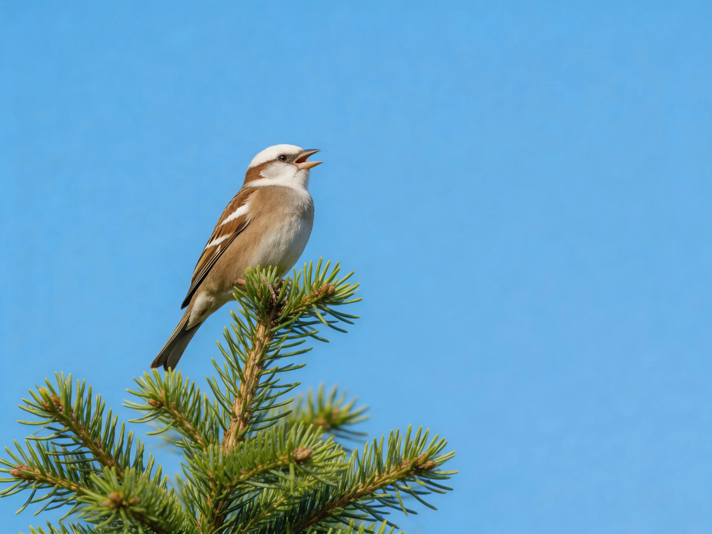 A brown and white bird perches on a green pine branch beneath a clear blue sky.