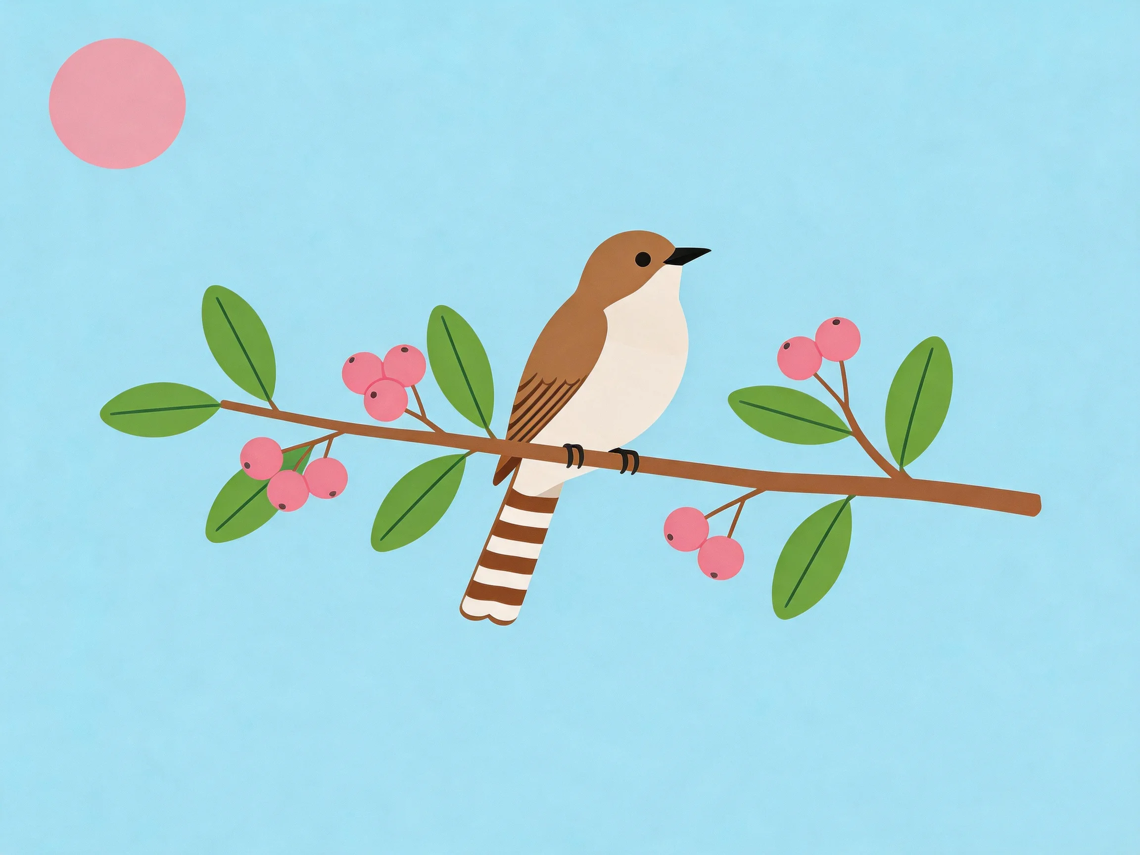 A brown and white bird perches on a branch with pink berries and green leaves