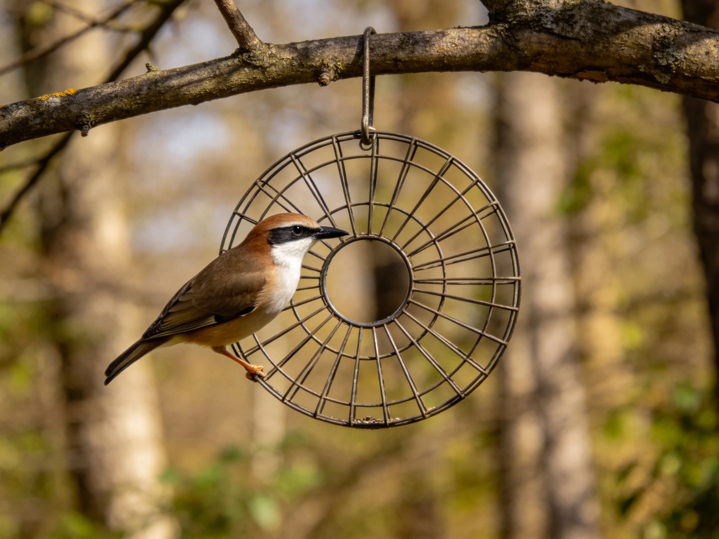 A brown and white bird perches on a circular metal feeder