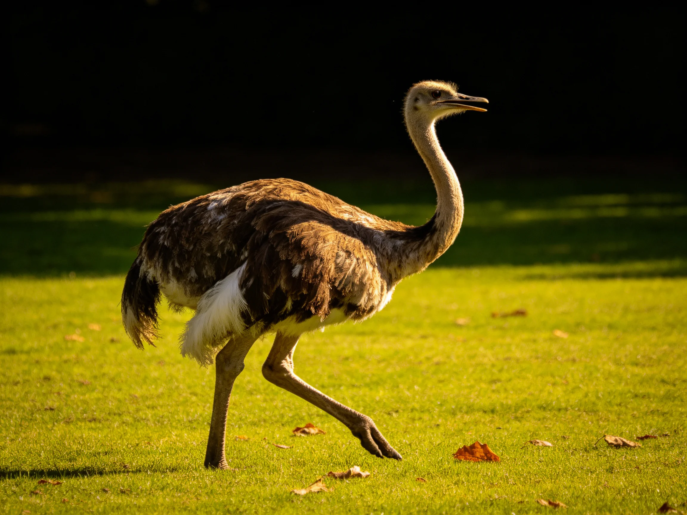A brown and white bird strides across a sunlit green field