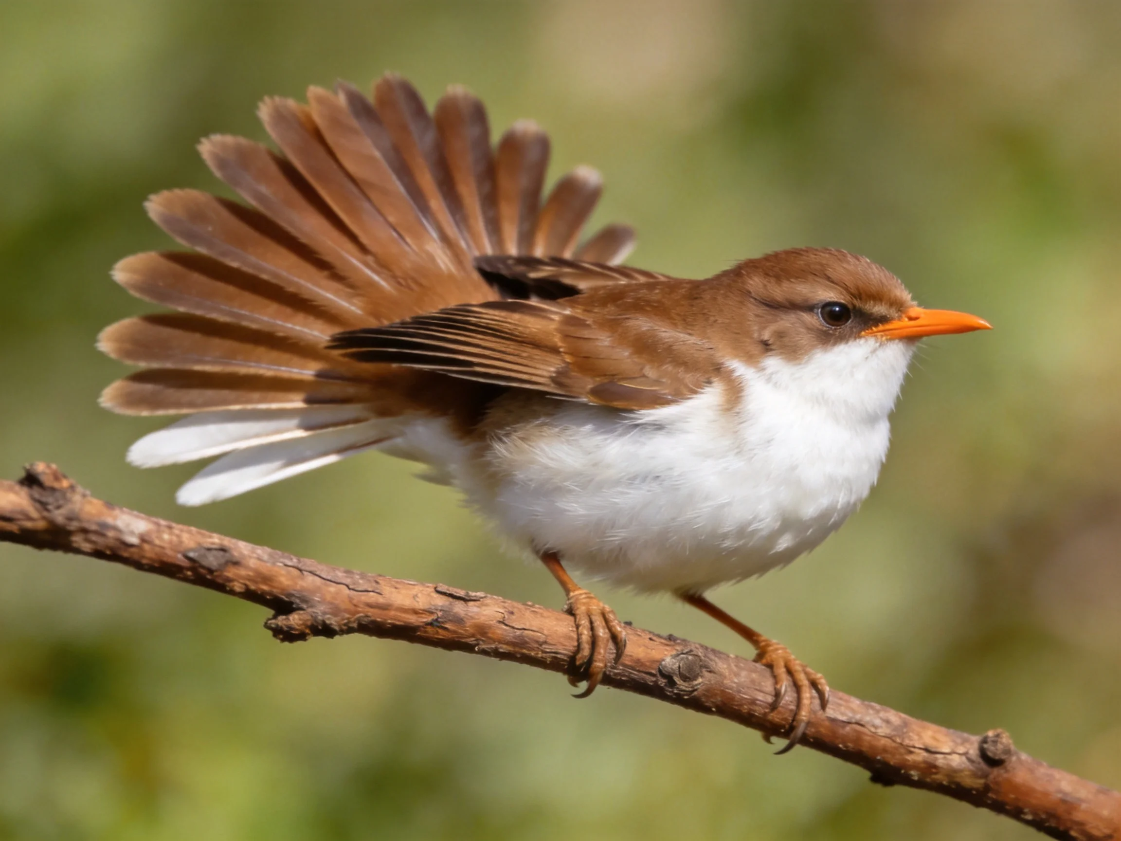 A brown and white bird with an orange beak perches on a branch
