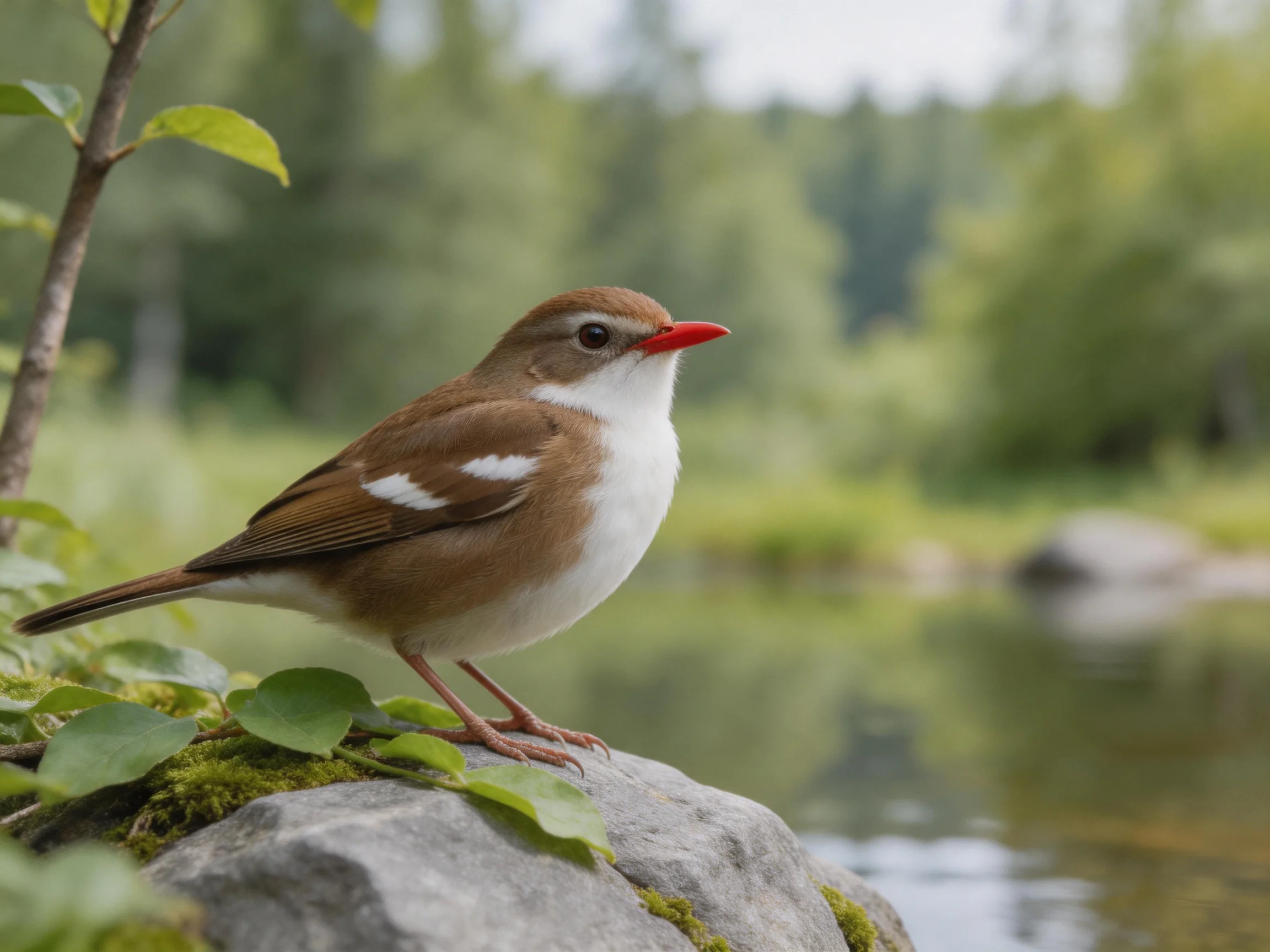 A brown and white bird with a red beak rests on a mossy rock beside calm water.