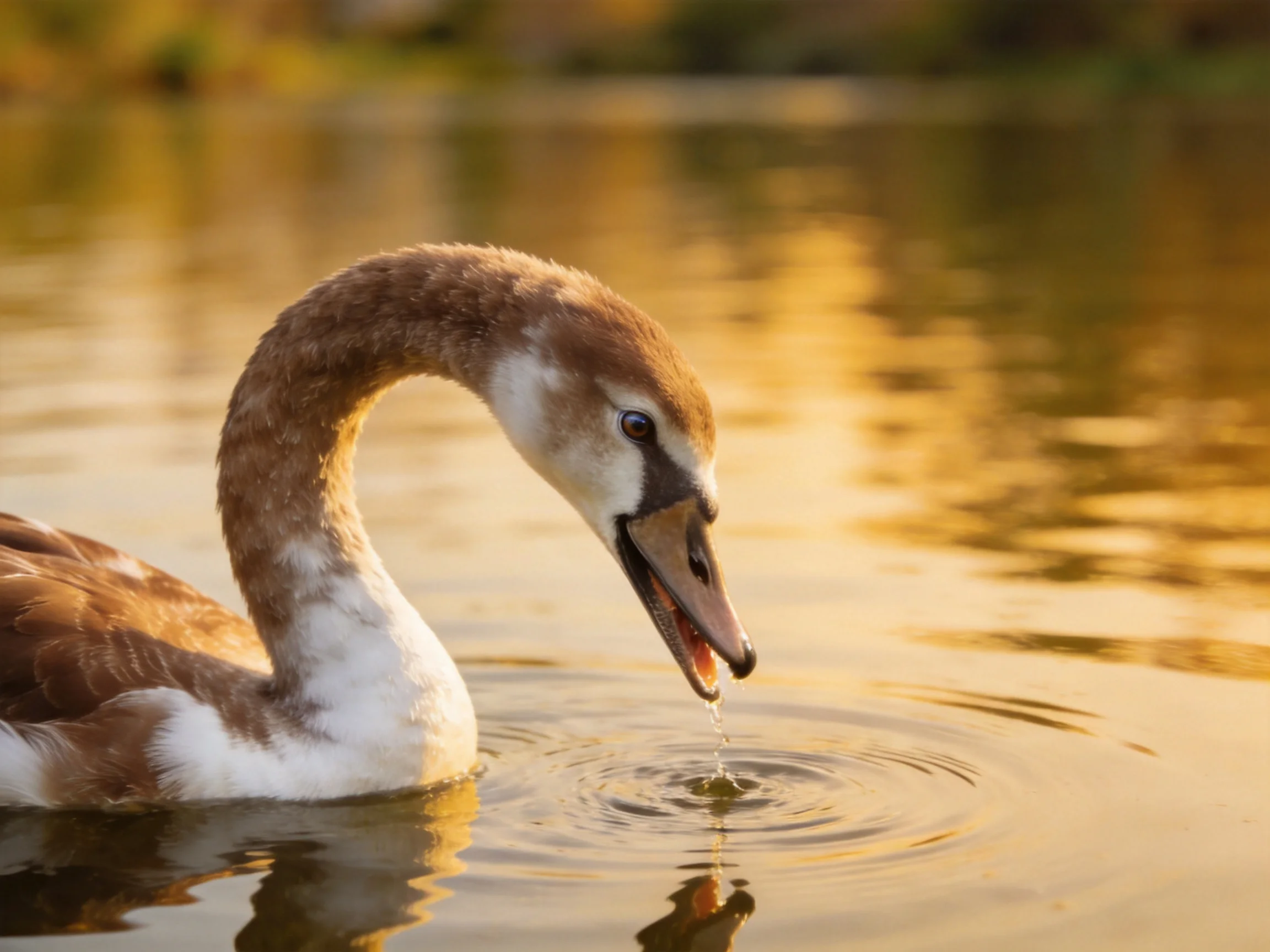 A brown and white cygnet drinks from golden-hued water