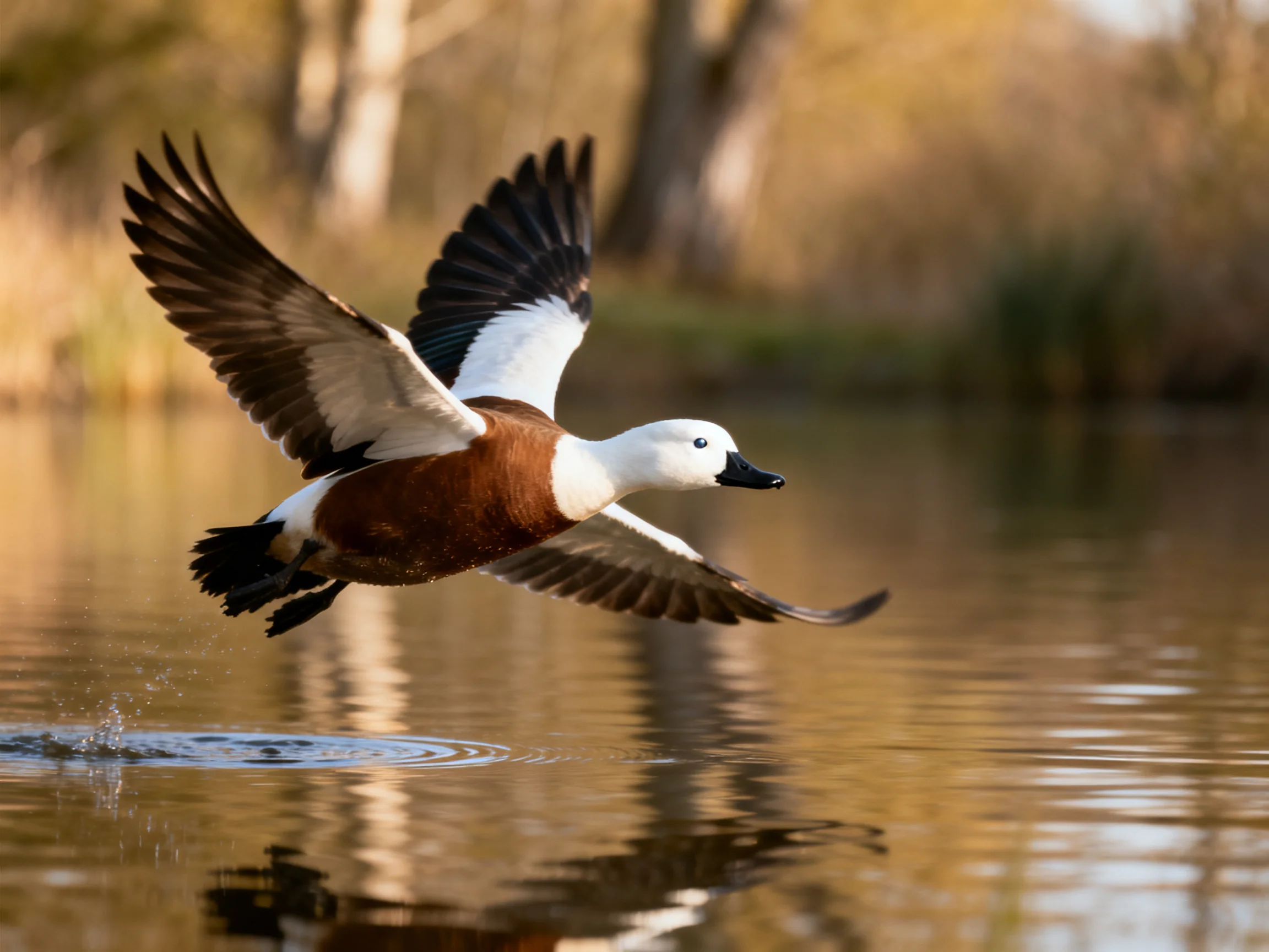 A brown and white duck flies low over calm water