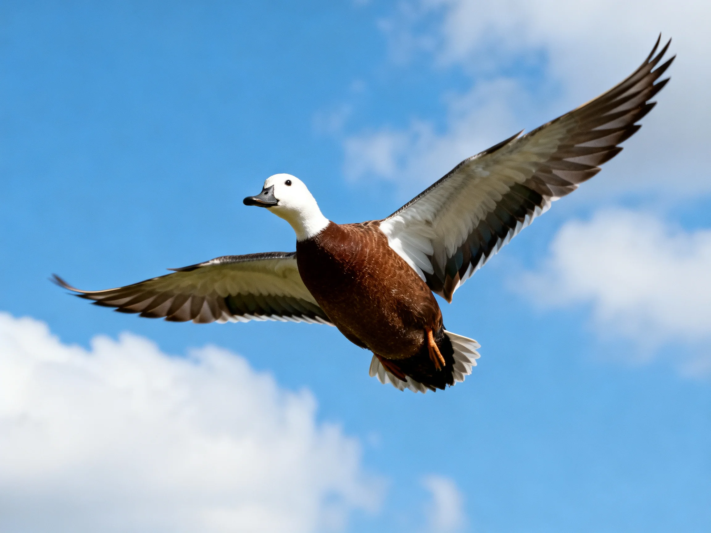 A brown and white duck flies with outstretched wings