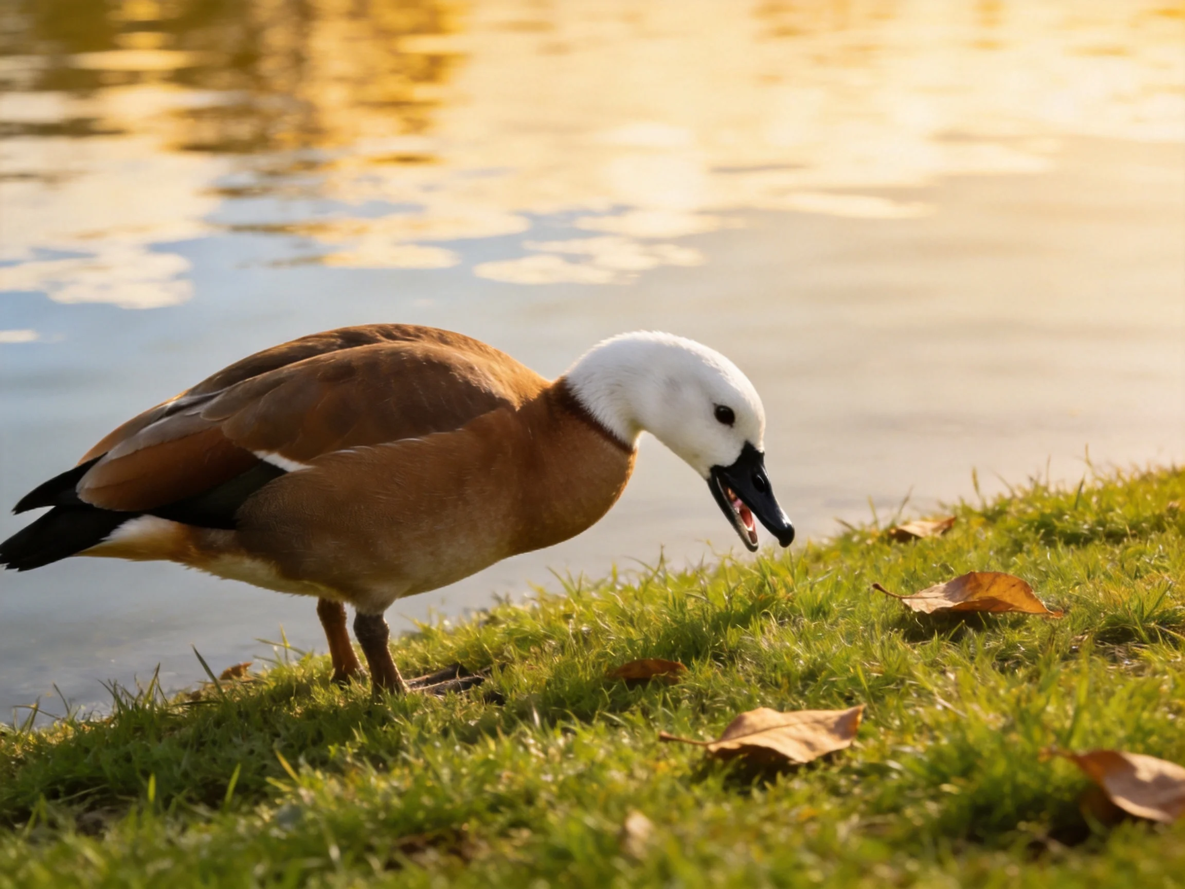 A brown and white duck forages by a sunlit water edge