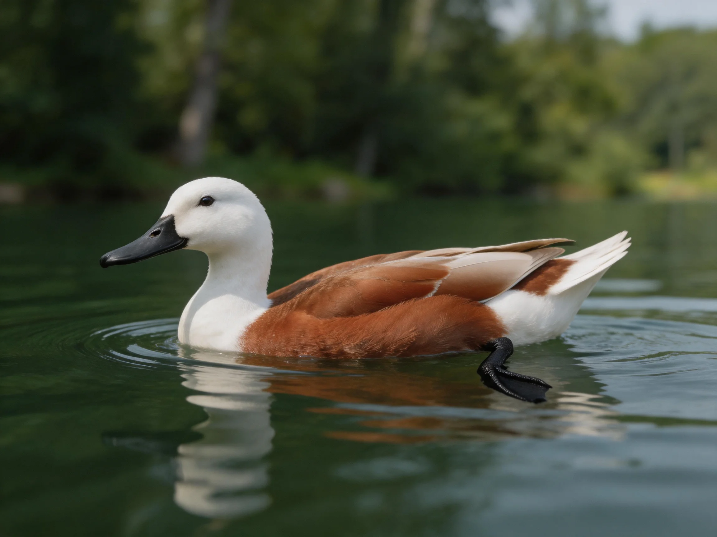 A brown and white duck gliding across calm green water