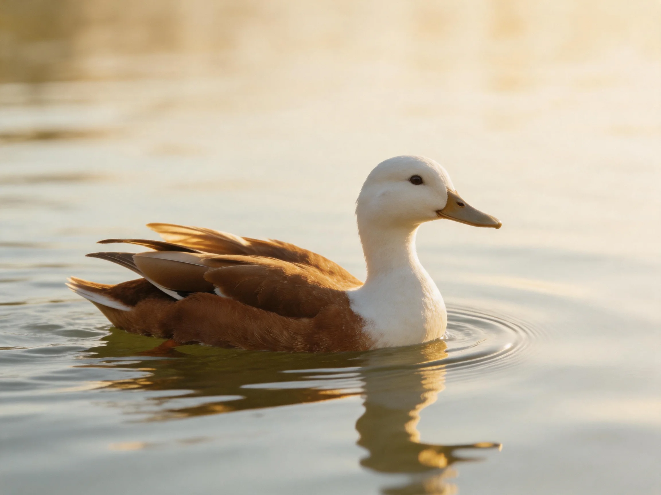 A brown and white duck gliding on calm water