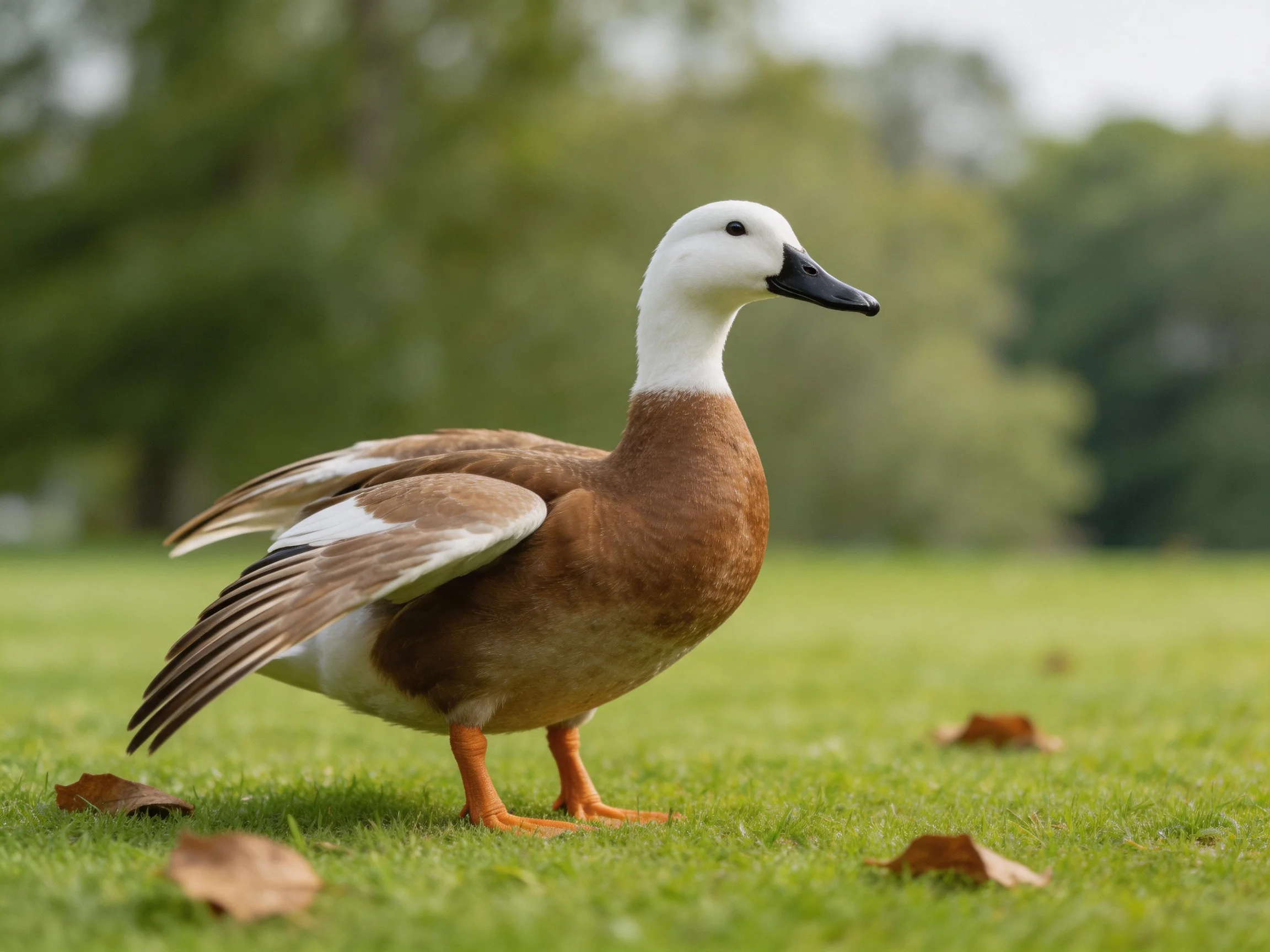 A brown and white duck on green grass with trees